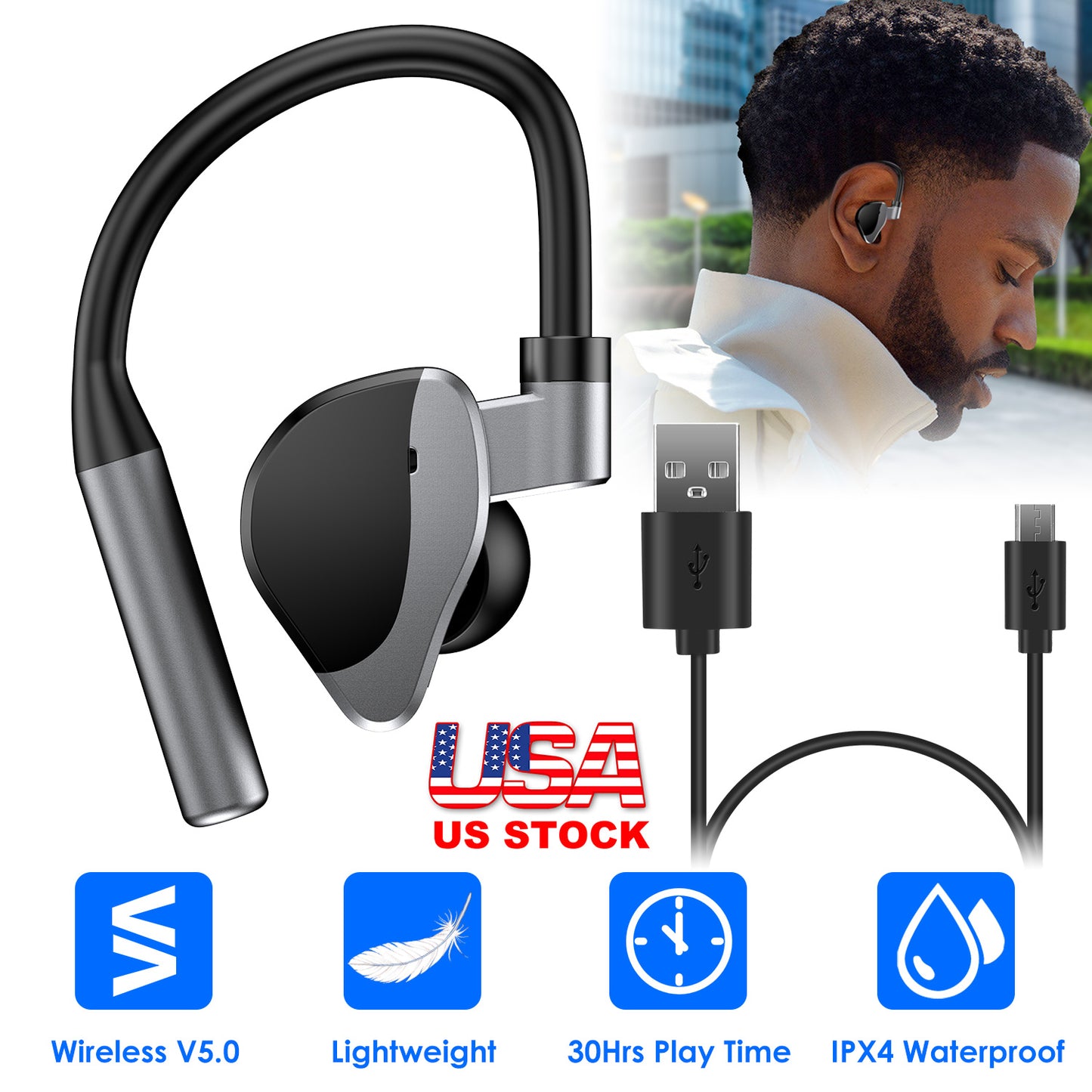 Unilateral Wireless Earpiece Rechargeable Wireless in-Ear Headset with Hook for Car Driving Phone Call Office