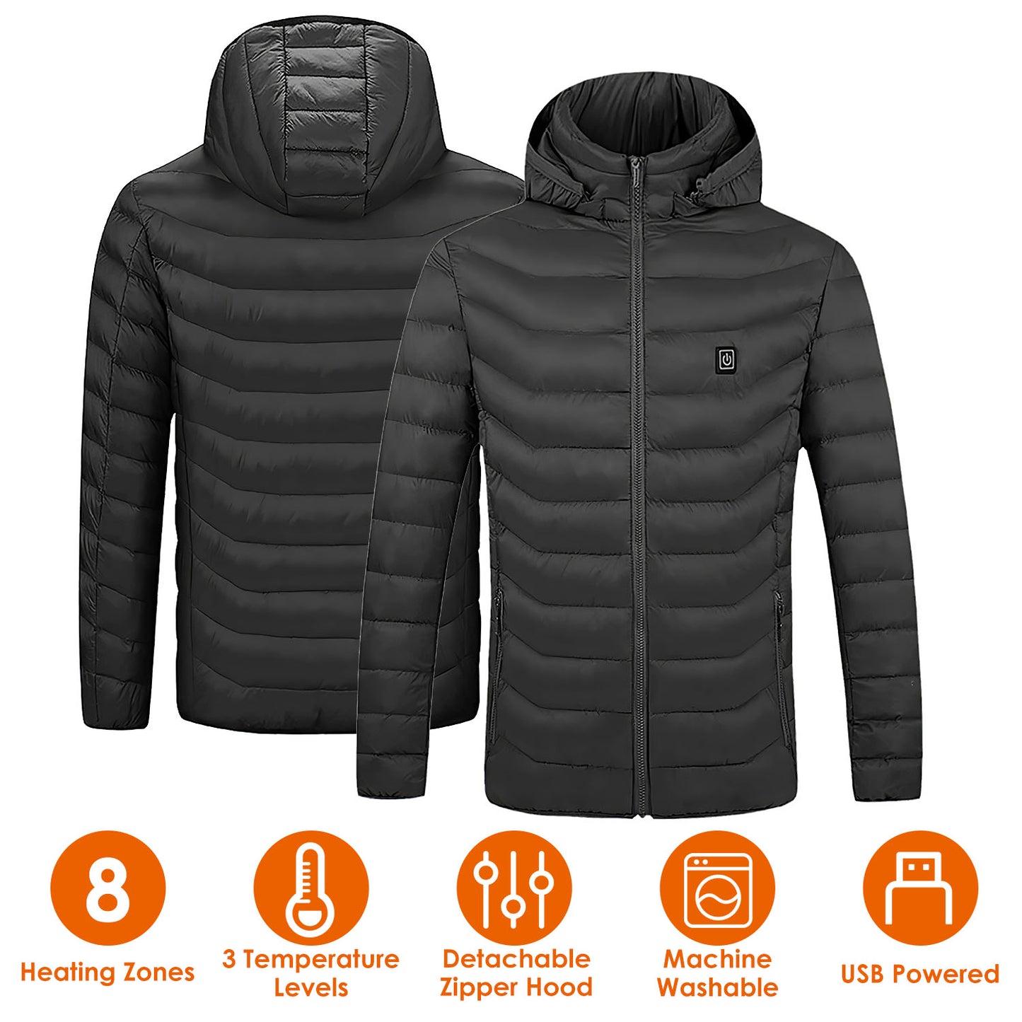 Heated Jacket Electric Heating Coat Lightweight Winter Hooded JacketÊwith 3-Level Heating Modes 8 Heating Zones Detachable Zipper Hood