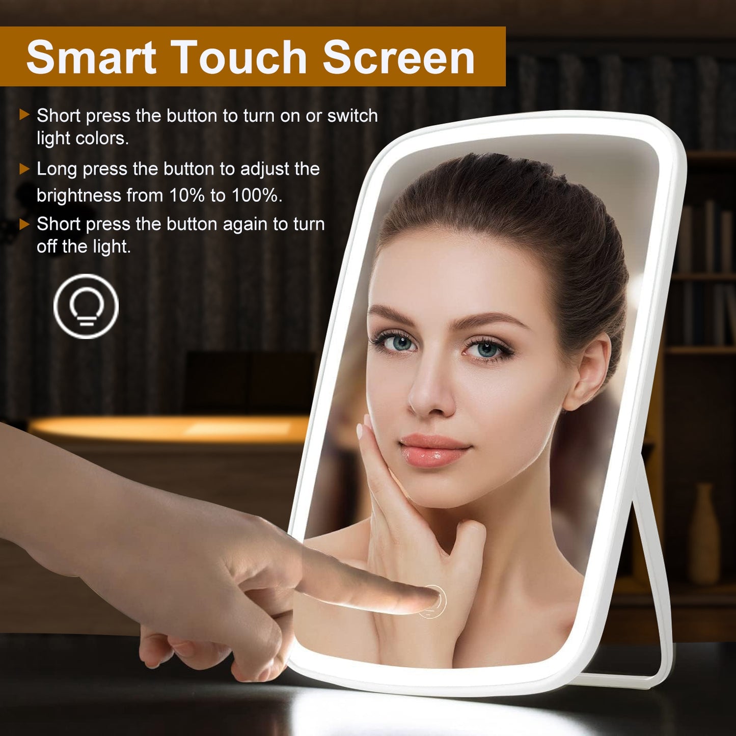 5.98x8.62in Lighted Makeup Mirror Vanity Desk Mirror Small LED Mirror with 3 Light Colors Touch Screen Brightness Adjustable USB Rechargeable