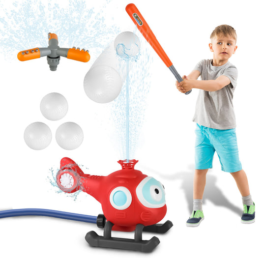 2 In 1 Water Sprinkler Baseball Helicopter Toy for Kids 360¡Rotating Water Tee Ball Set for Backyard Lawn Pool Party Outdoor Summer Game for 3+ Years