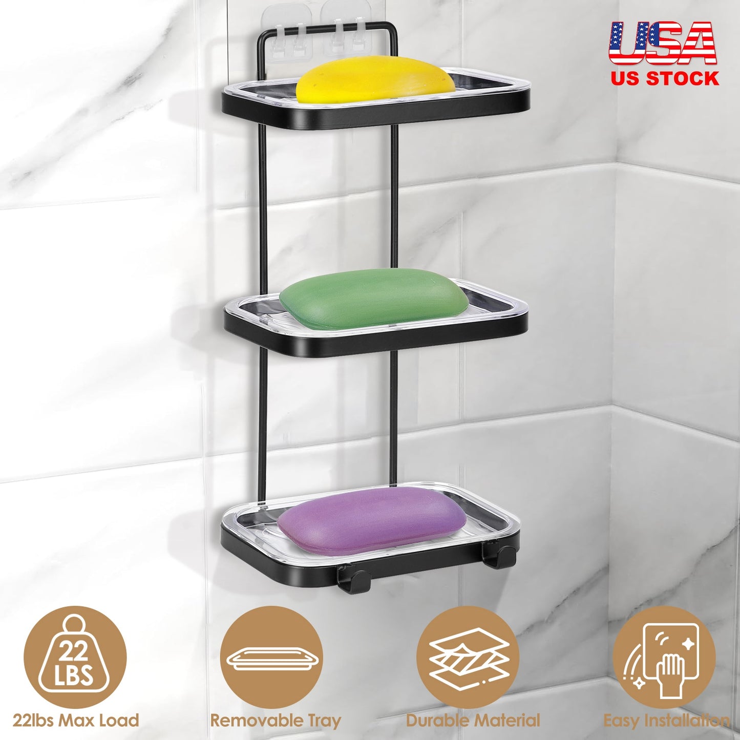 Soap Dish Soap Bar Holder Square Soap Rack Wall Mounted S Bar Shower Bathroom Self with 2 Hooks Clear Trays