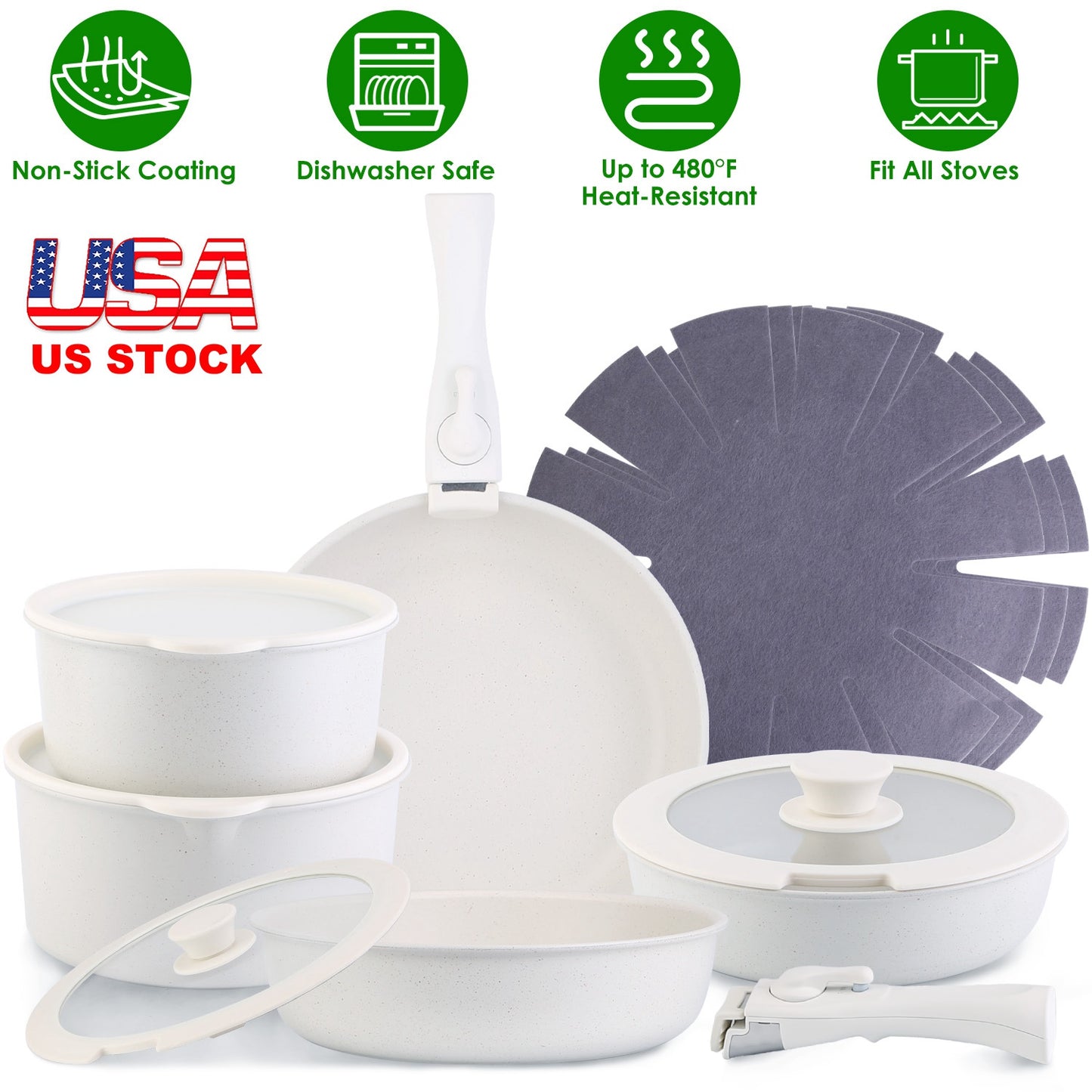 17Pcs Nonstick Cookware Set Induction Kitchen Pots And Pans Set With Detachable Handles Fast Even Heating Frying Pan Sauce Pan Oven Dishwasher Safe Fo