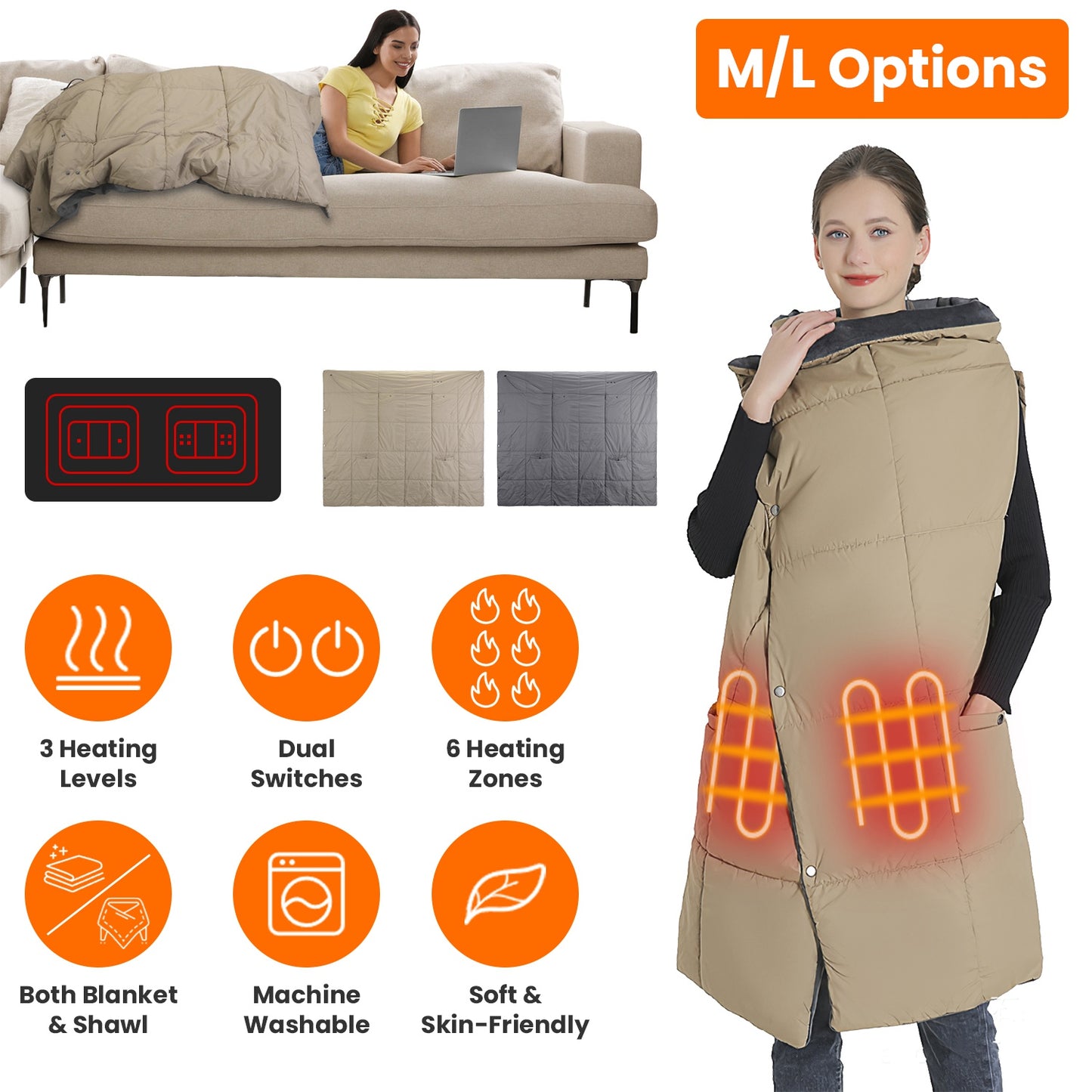 USB Heated Blanket Electric Heated Poncho Shawl Wrap Throw with Zipper Arm Holes Pocket 3 Heating Levels 6 Zones Dual Switch 5V/2A Machine Washable fo