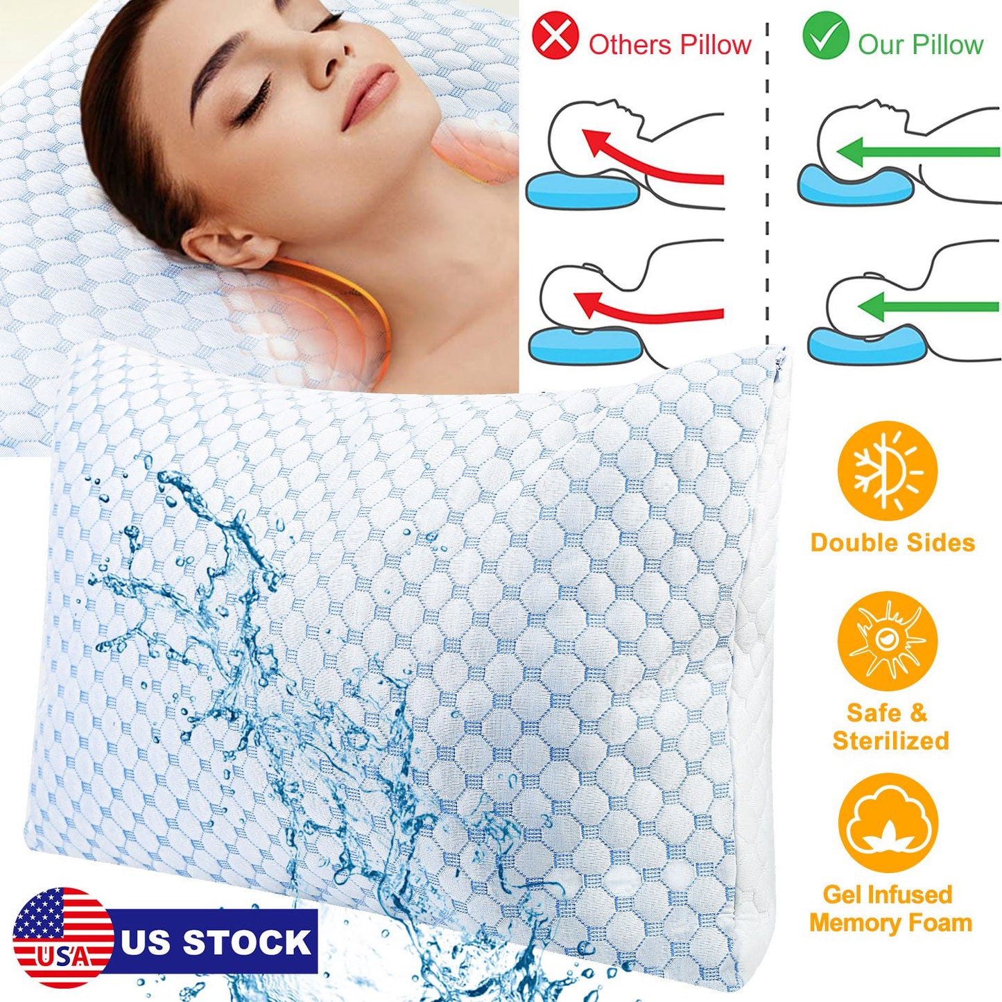 Cooling Memory Foam Pillow Ventilated Soft Bed Pillow w/ Cooling Gel Infused Memory Foam Heat Moisture Reducing Cooling Fiber Breathable Machine Washa