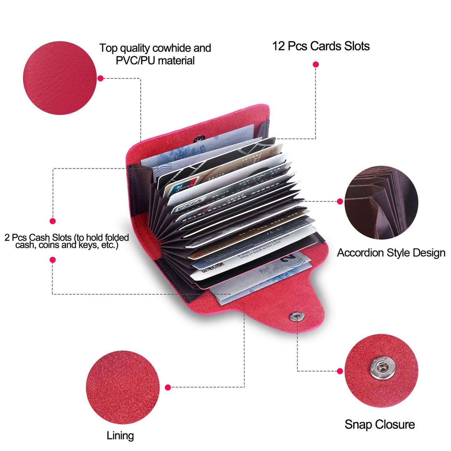 Credit Card Holder Wallet PU Leather Snap Closure Purse Accordion Case with 12 Pcs Card Slots
