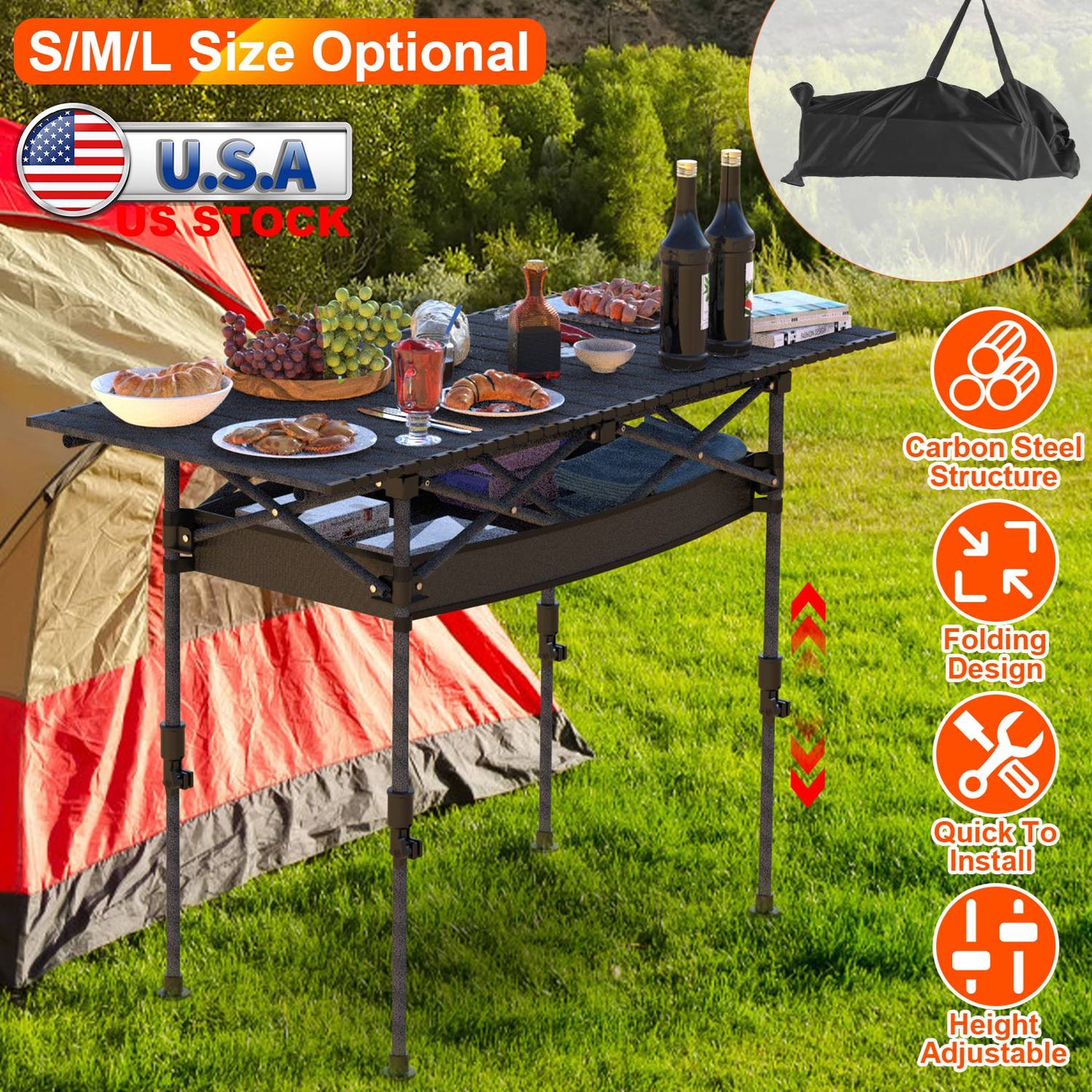 Portable Folding Camping Table With Adjustable Height Hanging Net Rustproof Carbon Steel Foldable Roll-Up Camping Table for Picnic Camping Hiking Beac
