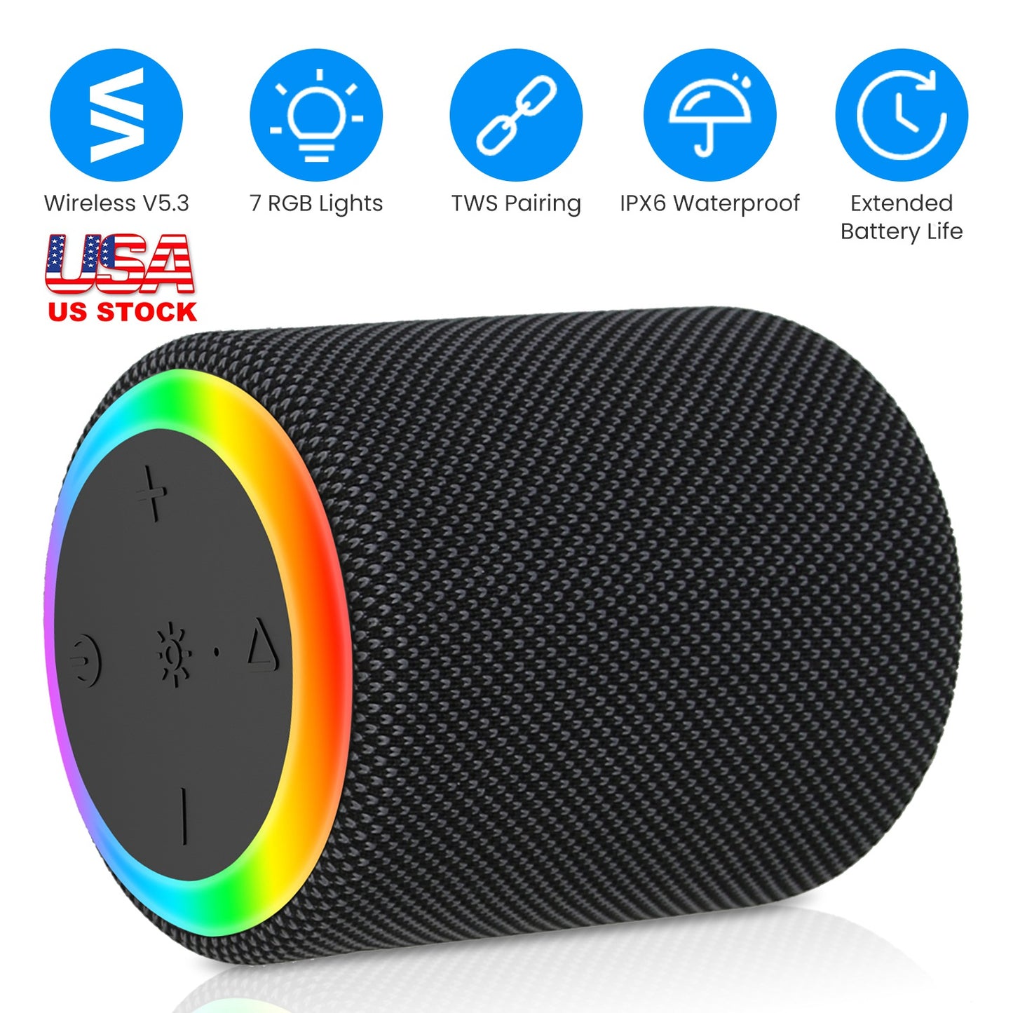Portable Wireless Speaker Outdoor Party Speaker Mini Waterproof Speaker with 7 RGB Lights Support Calling TWS AUX In MMC Card Input