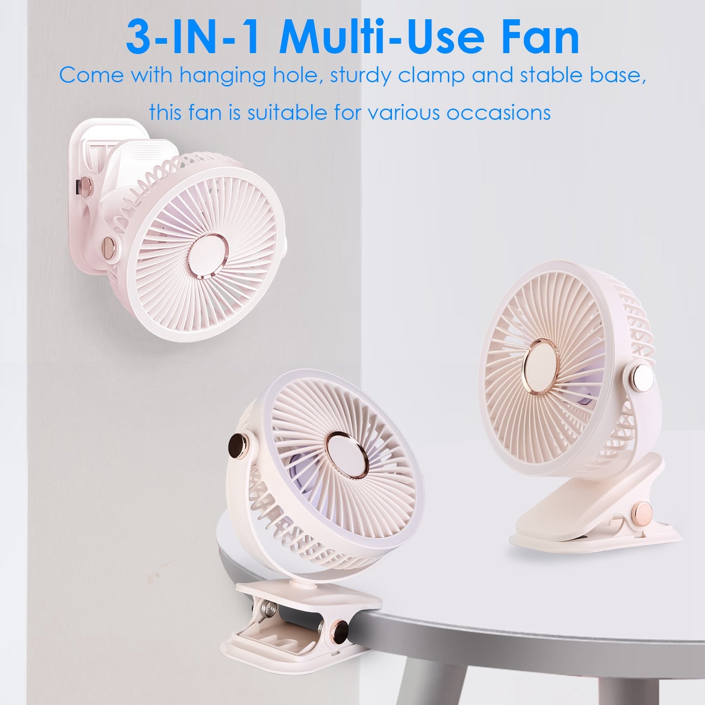 Portable Quiet Clip On Fan With 5 Speeds 3 Brightness 720¡ Fully Adjustable Angle Type-C Rechargeable Clip Desk Wall Mounted Fan For Camping Office Ho