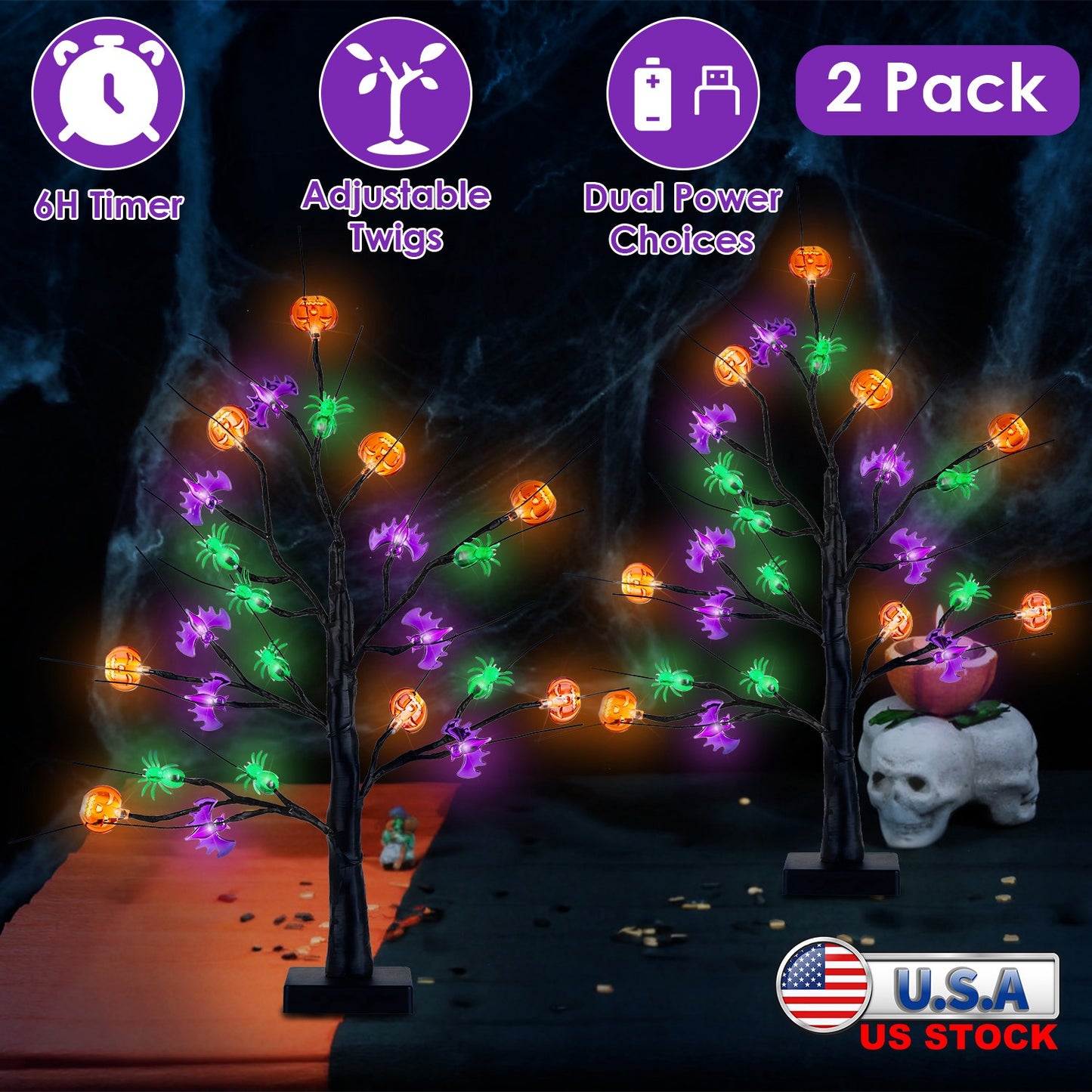 2Pack 1.97FT Lighted Halloween Trees Halloween Indoor Decorations Black Halloween Tree Lights with Timer Adjustable Twigs for Tabletop Party