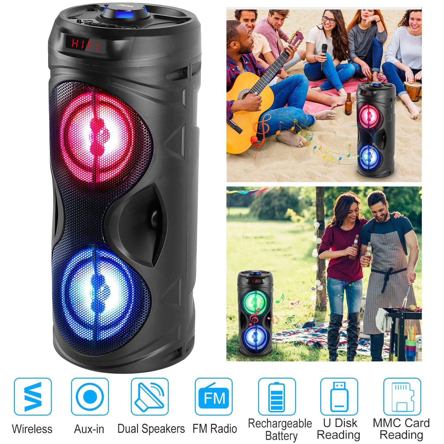 Portable Wireless Party Speaker Karaoke Machine Wireless Speaker with LED DJ Light FM Radio Supports MMC Card/USB Microphone Aux-In for Party Home TV