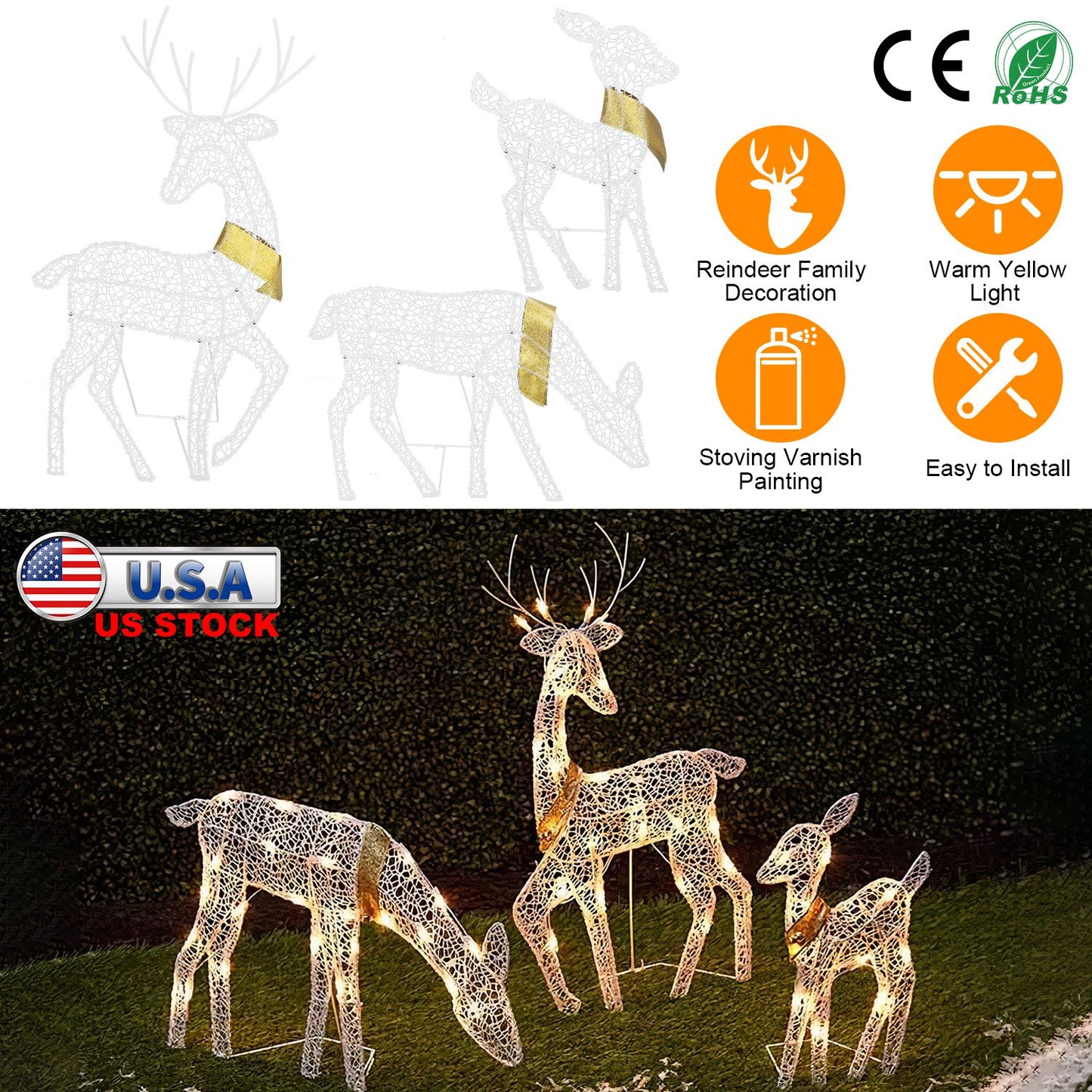 3 Sets of Reindeer Family Lighted 2D Christmas Deer Decoration Warm Yellow Light 3 Lighting Modes Buck Doe Fawn Indoor Outdoor Christmas Decoration