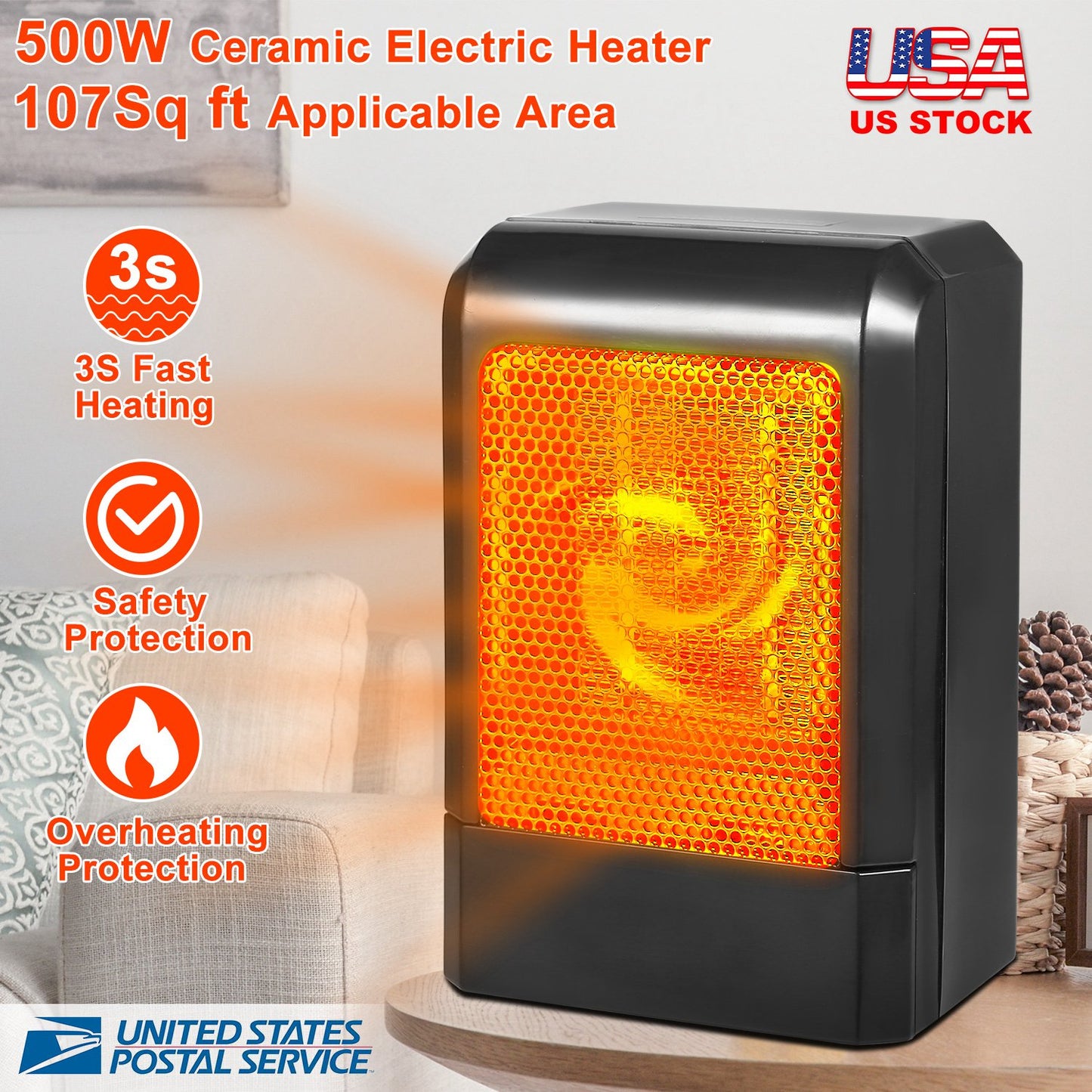 500W Portable Electric Heater PTC Ceramic Heating Fan 3S Heating Space For Home Office Use