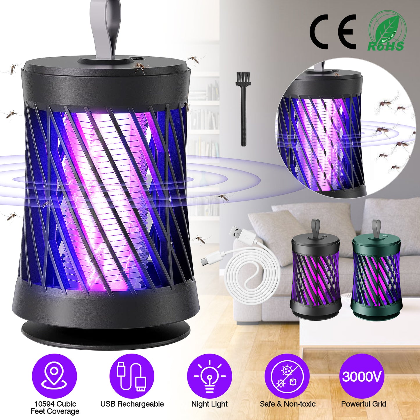 Rechargeable Mosquito Killer Lamp Bug Zapper with Night Light Strap Mosquito Catcher with Max 10594 Cubic Feet Range UV Light for Indoor Outdoor