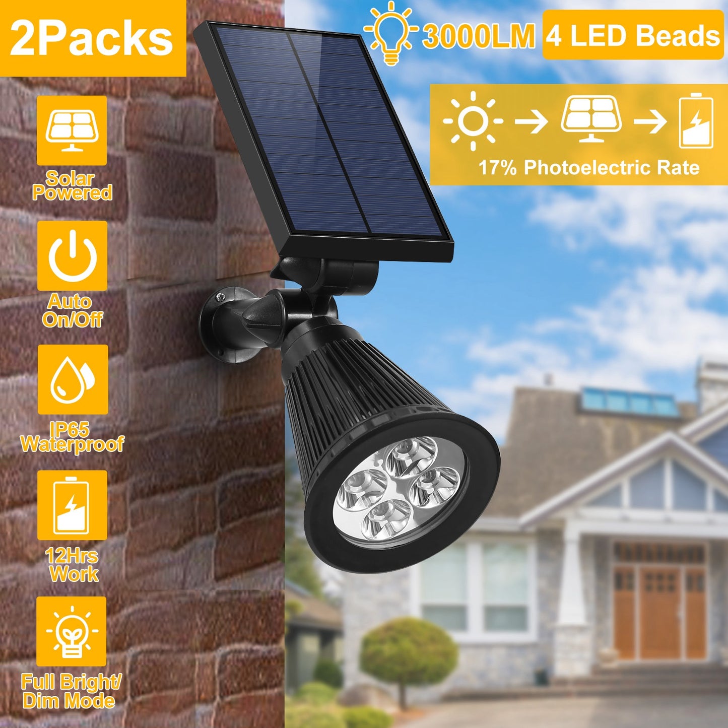 2Pcs Solar Spotlight Outdoor Dusk To Dawn Light Wall Path Lawn Garden Lamp Waterproof