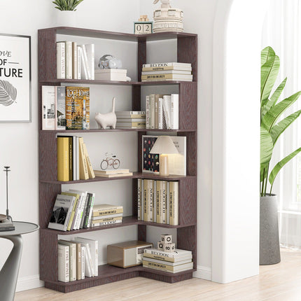 5-Tier L-Shaped Corner Bookshelf with 6 Open Shelves
