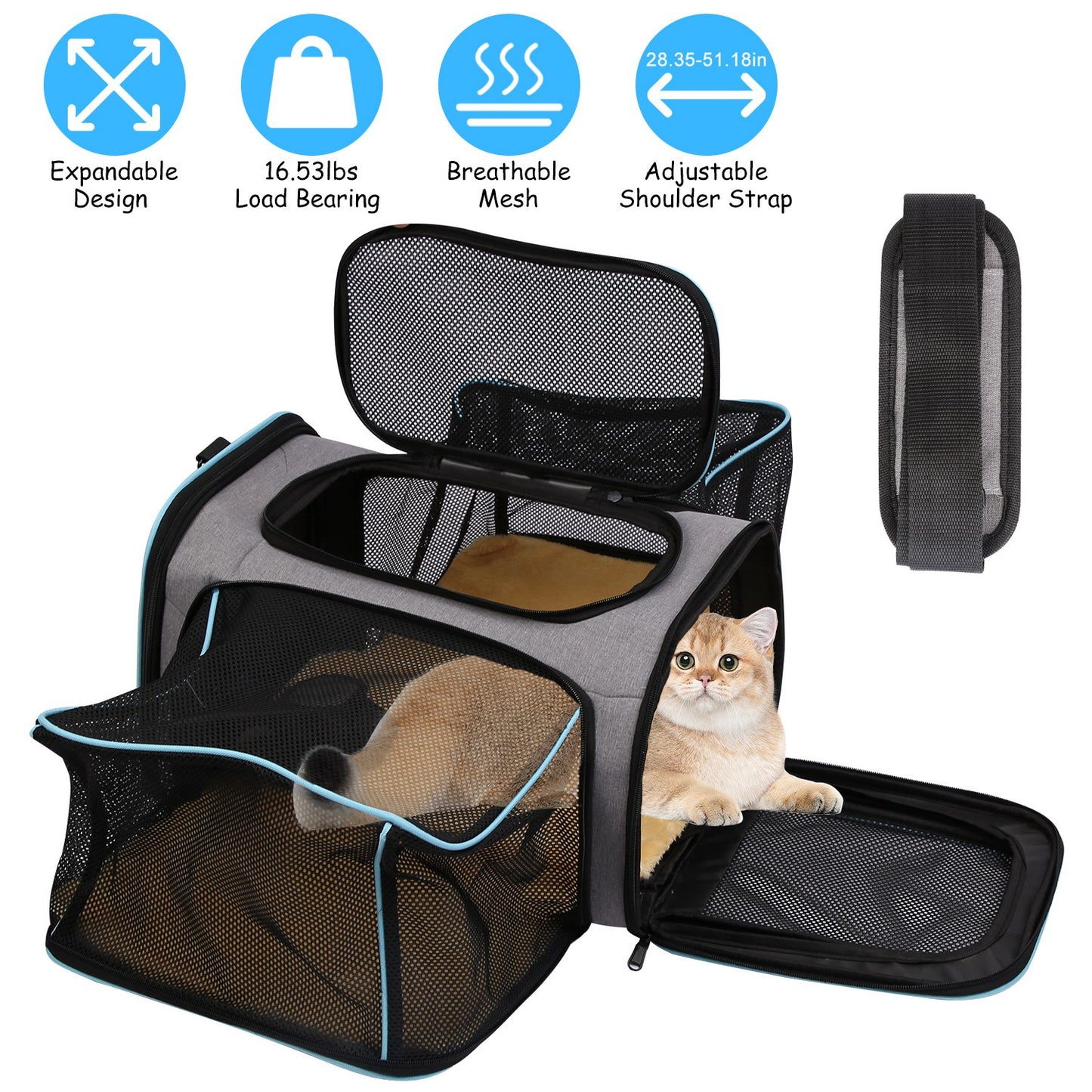 Expandable Pet Carrier Airline Approved Cat Dog Carrier Cat Collapsible Soft CarrierÊBag with Removable Fleece Pad Pockets Breathable Mesh Adjustable