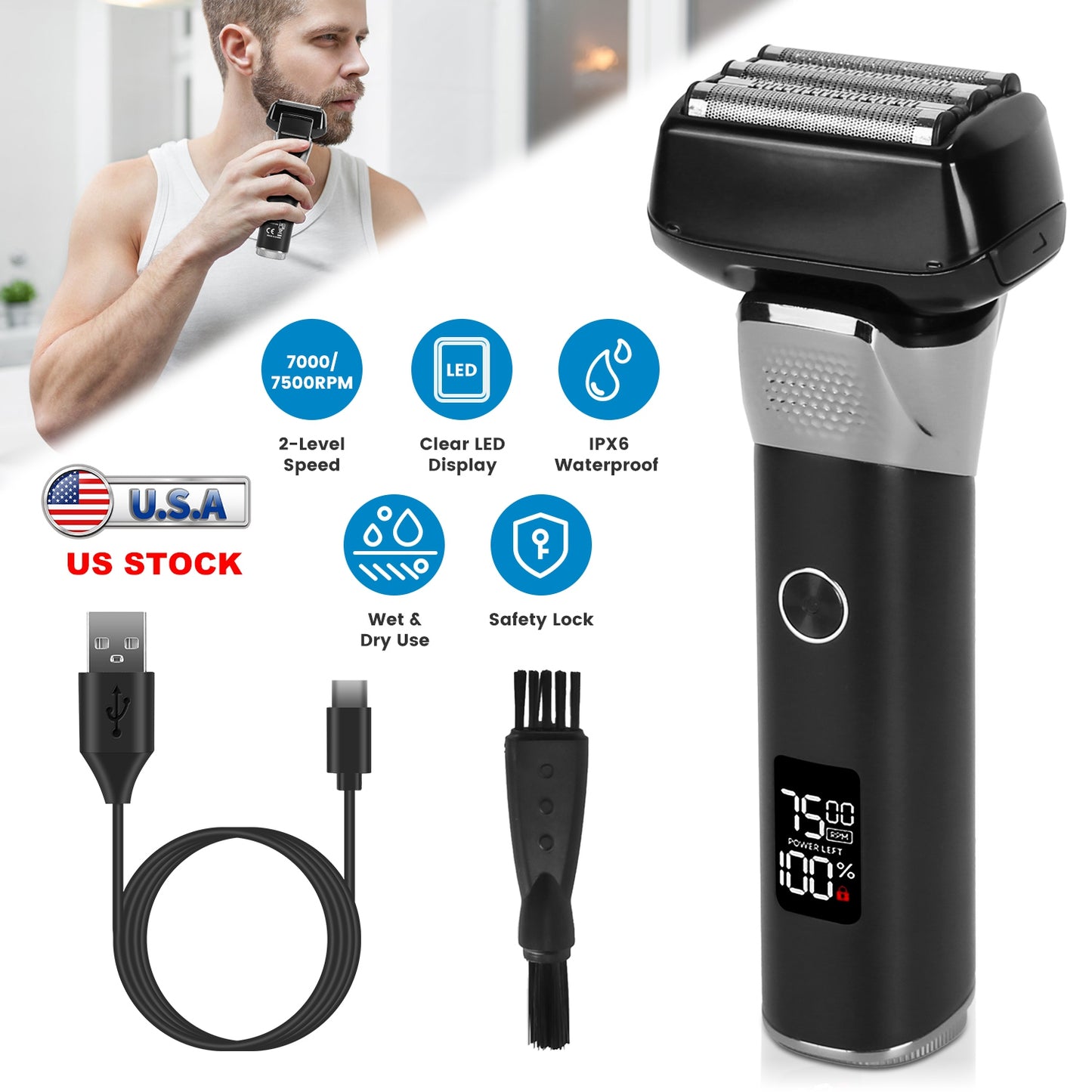 Electric Foil Face Shaver 5-Blade Electric Razor for Men Wet & Dry Jawline Beard Trimmer Precision Sideburn Shavers IPX6 Waterproof with LED DisplayÊC