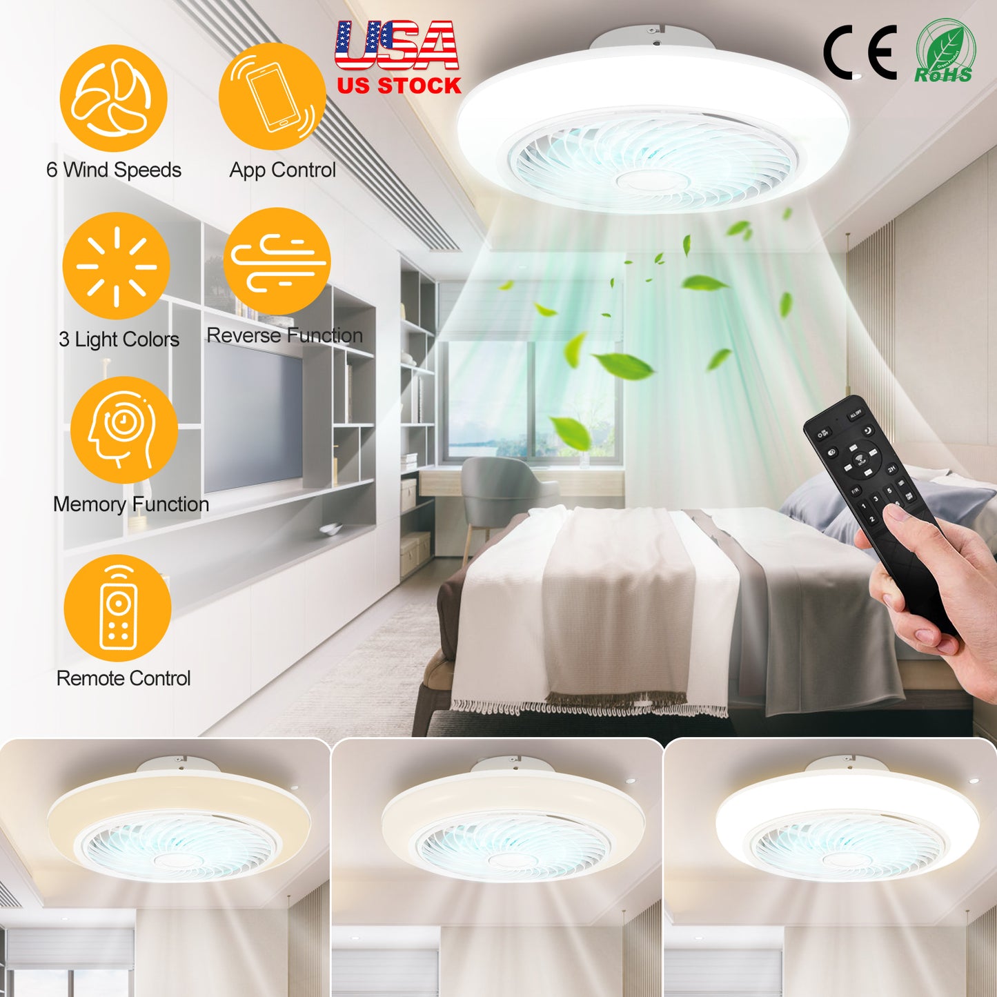 17.71in LED Ceiling Fan with Light Round Pendant Fan Lamp Low Profile Fan Light with 6 Fan Speed 3 Colors Remote Control APP Control Timer Function