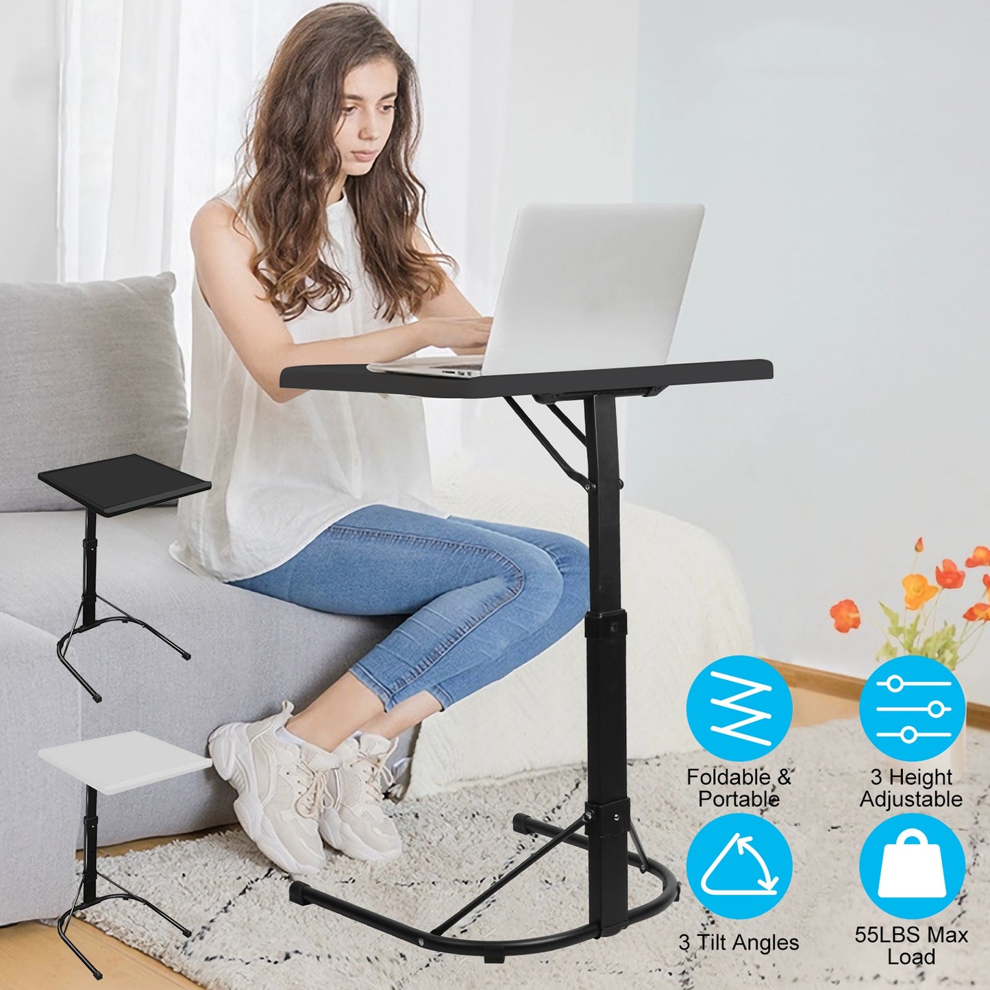 Folding Tray Table Portable Sofa TV Tray Laptop Desk C Side Adjustable Eating Dinner Coffee Table with 3 Adjustable Heights 3 Angles 55lbs Load Bearin