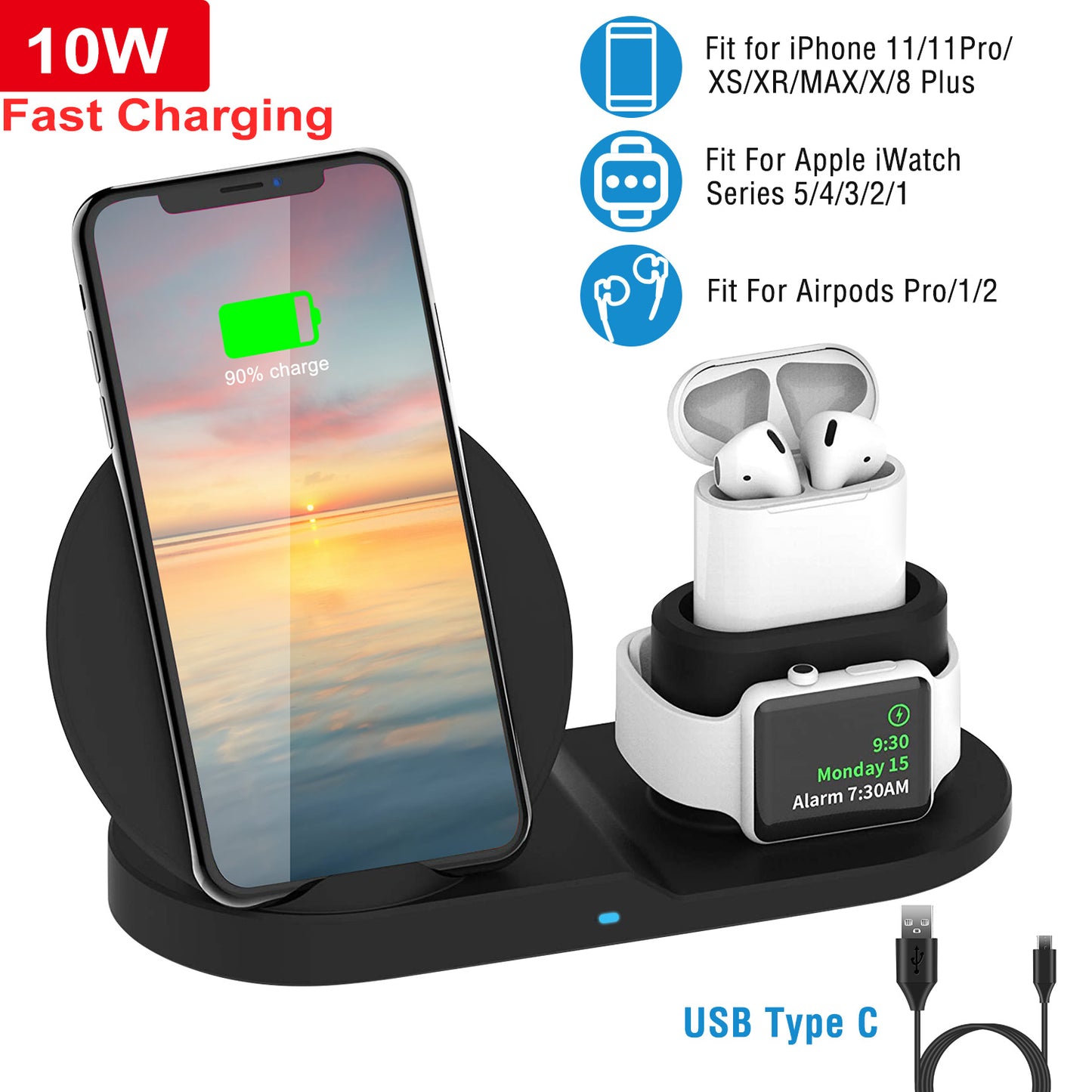 Wireless Charger 10W Fast Charging Station For iPhone Apple iWatch Series 5/4/3/2/1 AirPods Fit For iPhone 11/11Pro/XS/XR/MAX/X/8 Plus/8 Samsung Galax