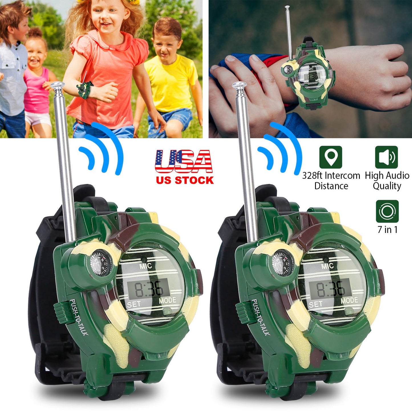 2Pcs Walkie Talkies Watches Toy 7 in 1 Two-Way Interphone Kids Wrist Watch w/ Flashlight Christmas Gift for Boys Girls Age 6+