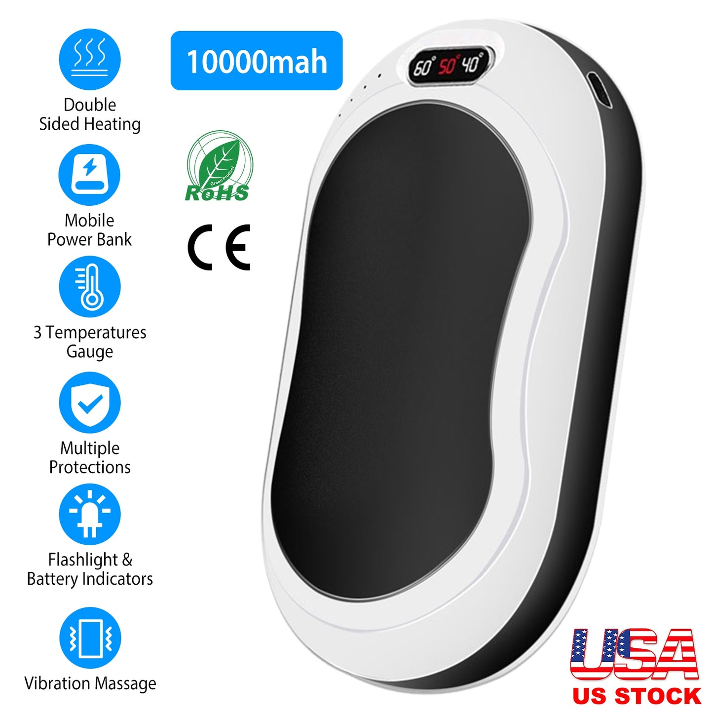 Portable Hand Warmer 10000mAh Power Bank Rechargeable Pocket Warmer Double-Sided Heating with Flashlight 3 Temperature Adjustment