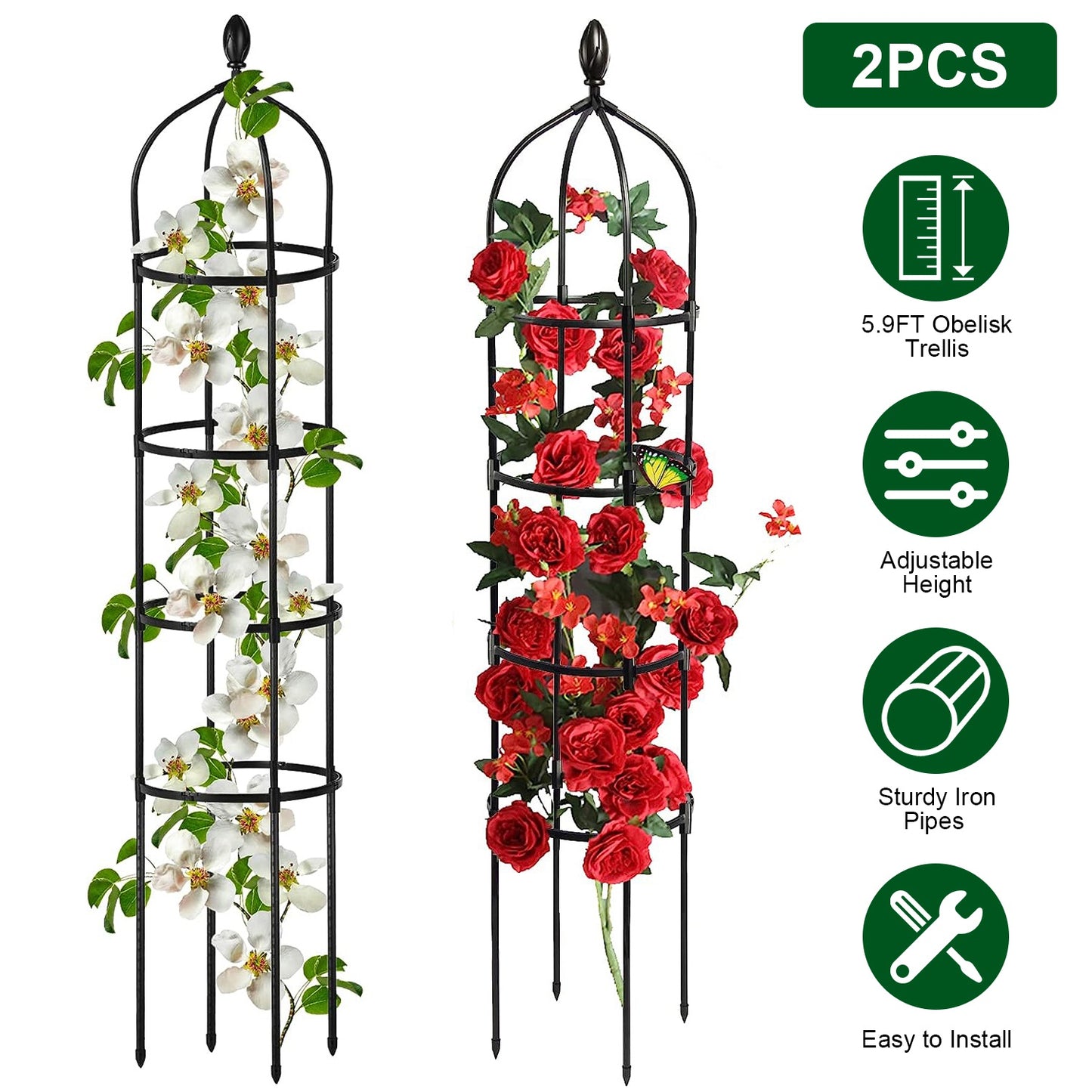 2 Packs Garden Obelisk Trellis 5.9FT Plants Tower for Climbing Plants Flower Vegetable Vine Support Rustproof Garden Plant Trellis Black
