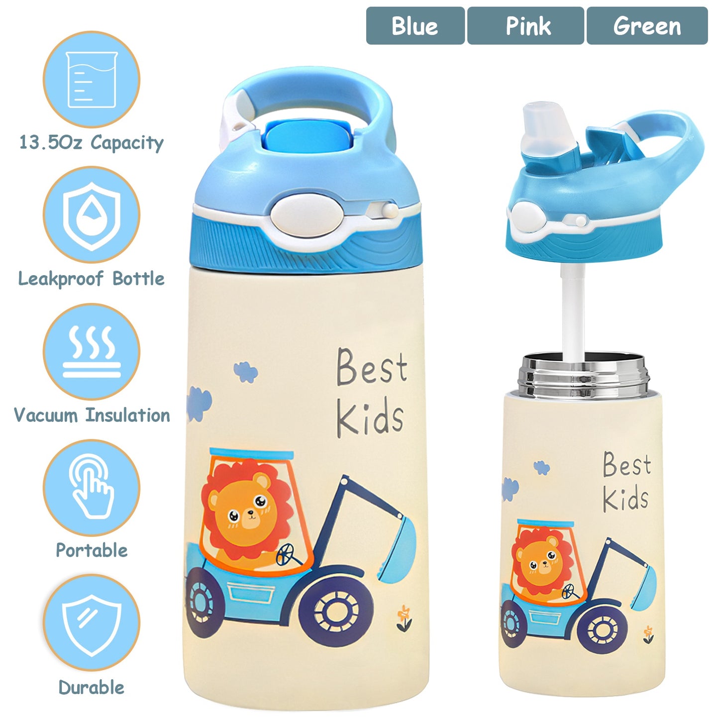 13.5Oz Insulated Stainless Steel Water Bottle Leak-proof Bottle for Kids with Straw Push Button Lock Switch Sports Water Bottle for Toddlers Boys Girl