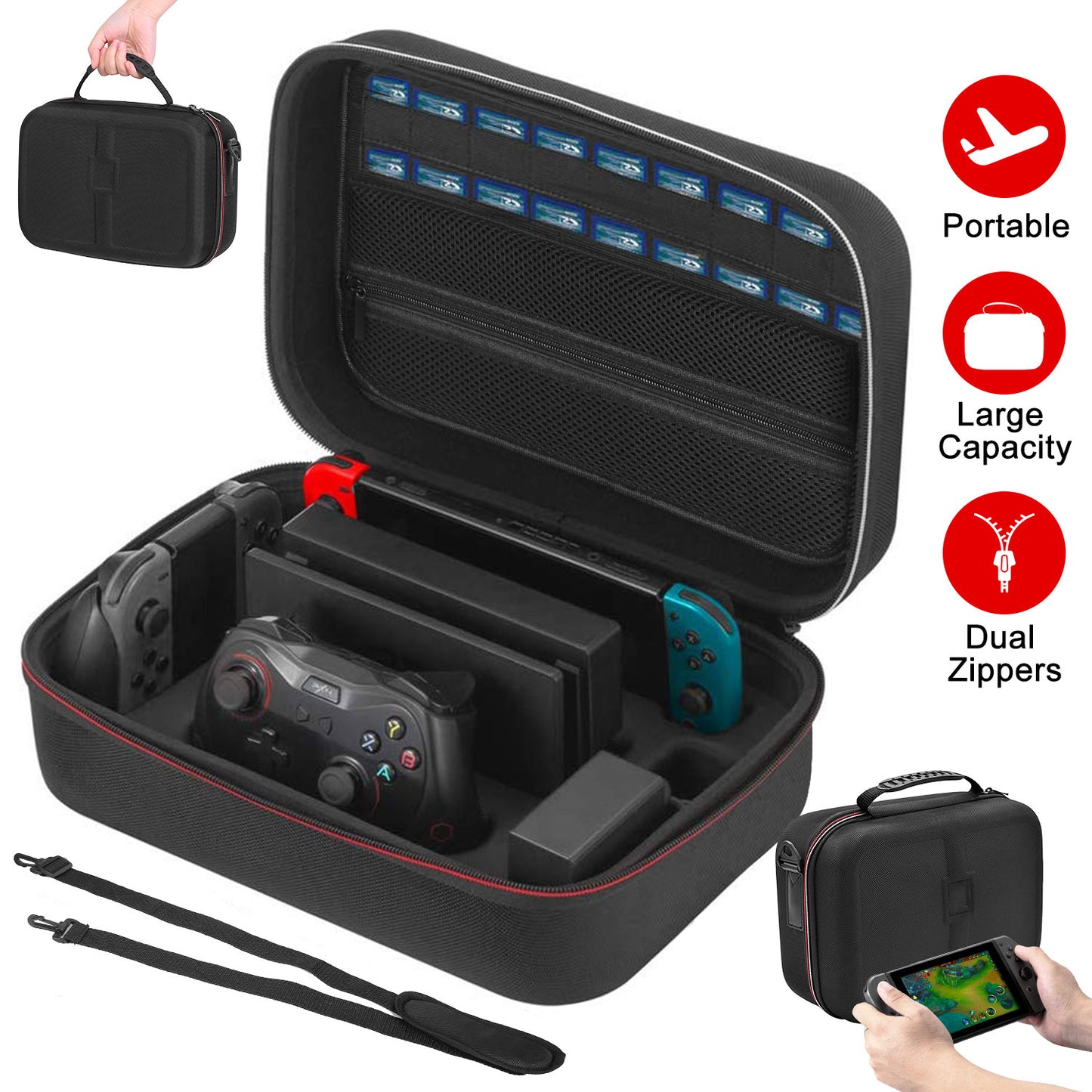 Portable Deluxe Carrying Case for Nintendo Switch Protected Travel Case w/ Rubberized Handle Shoulder Strap