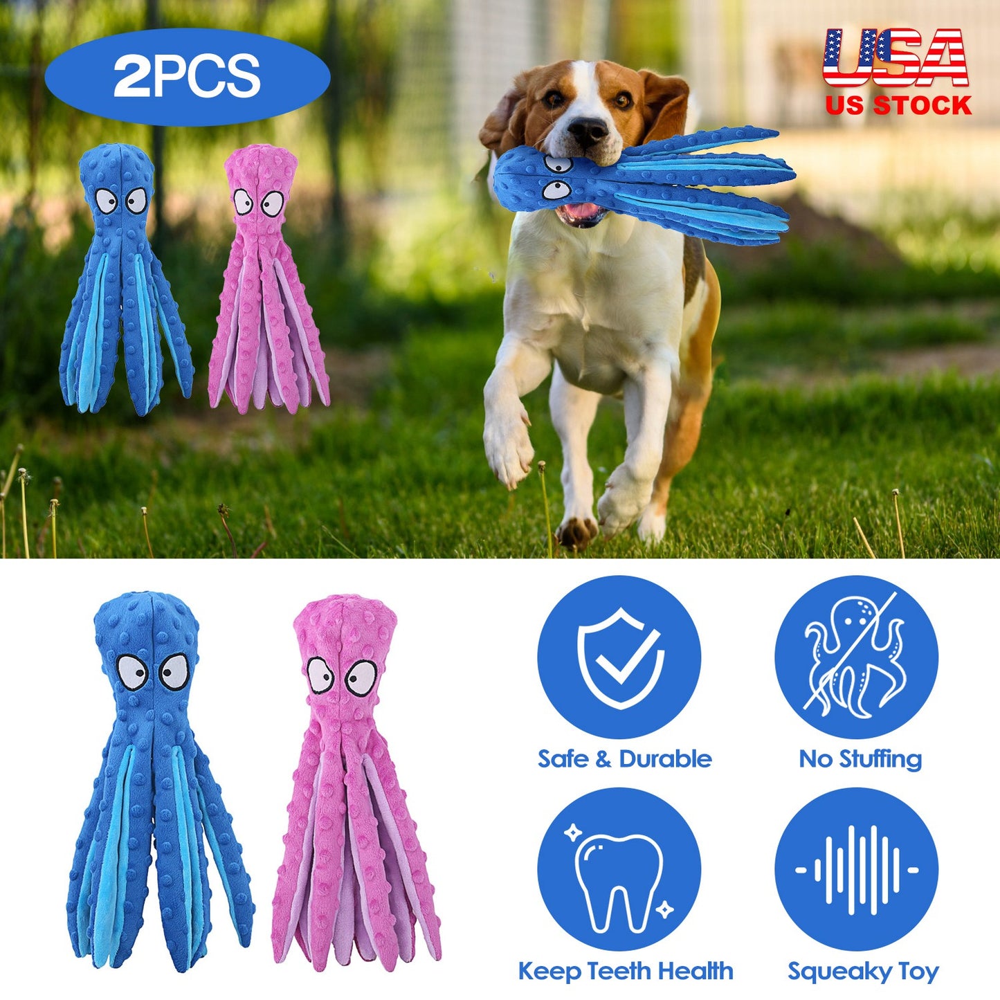 2Pcs Squeaky Dog Toys No Stuffing Crinkle Plush Octopus Dog Teething Toy Interactive Dog Toy Dog Training Toy For Puppy Small Medium Large Dog