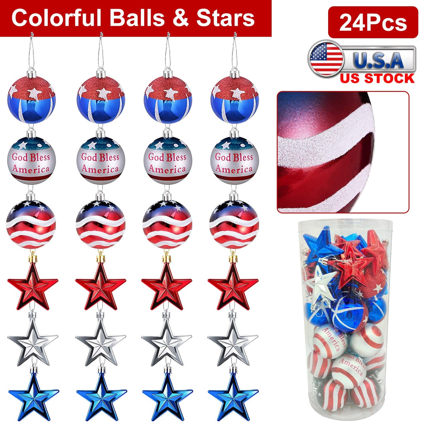 24Pcs Set Hanging Ornaments Ball Star Patriotic Festival Party Decor Independence Day 4th of July Christmas Tree Wall Indoor Outdoor Decoration