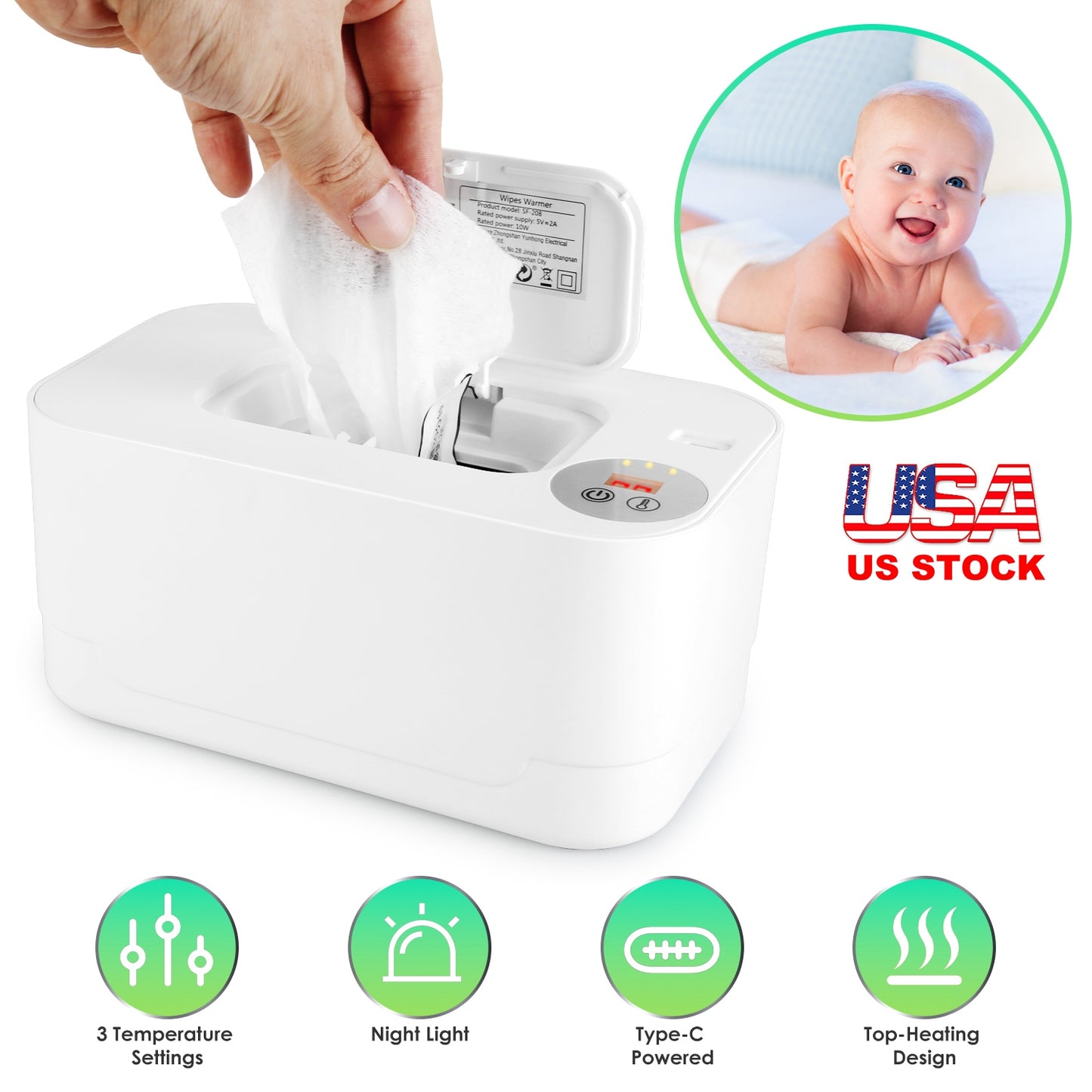 Baby Wipe Warmer With 3 Temperature Settings Type-C Powered Baby Wet Wipes Dispenser With Night Light Large Capacity Diaper Wipe Warmer For Baby