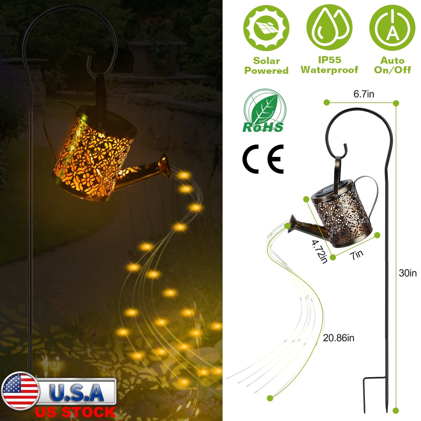 Solar Watering Can Powered String Light Hollow LED Watering Can Light Garden Fairy Decoration Solar Stake Lights For Pathway Yard Lawn Patio Landscape