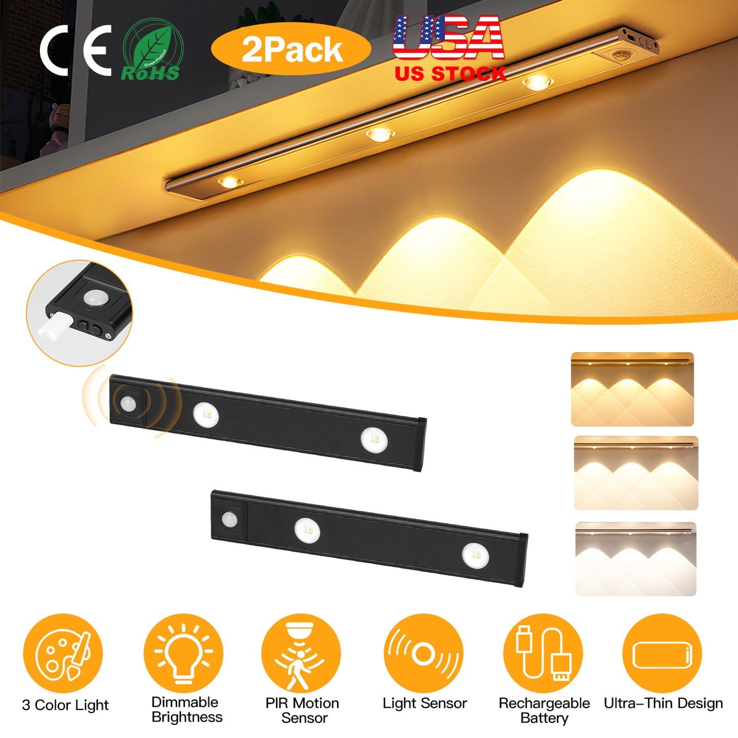 2Pack Rechargeable Cabinet Light Motion Sensor Light Cordless LED Closet Lamp 3 Colors Dimmable Light for Kitchen Cabinet