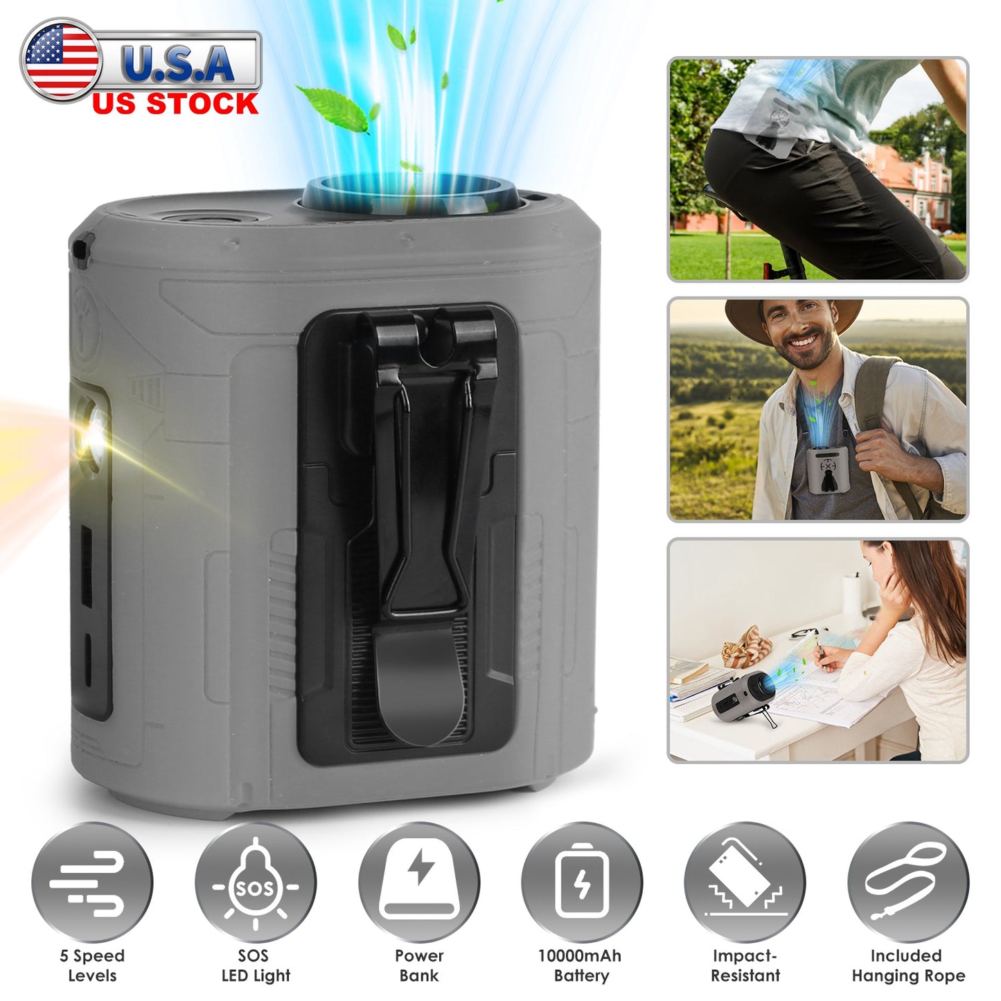 5 In 1 Portable Waist Clip Fan With 5 Speeds Flashlight 10000mAh Battery Operated Personal Wearable Turbo Belt Fan Hands-Free Neck Fan For Camping Tra
