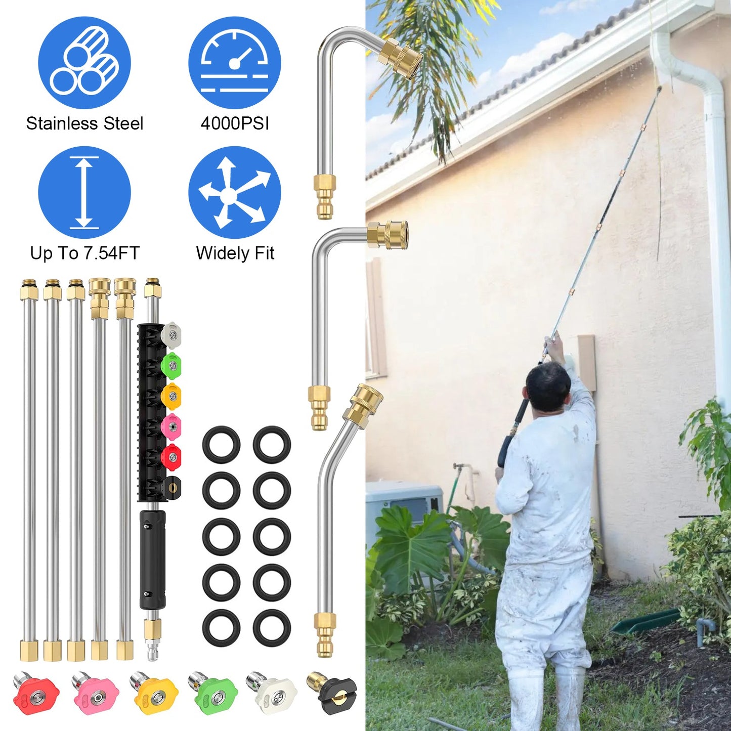 7.54FT Pressure Washer Extension Wand With 1/4" Quick Connect 4000 PSI Pressure 3 Curved Wands 6 Spray Nozzles For Deck Roof Yard Window Wall Fence Cl