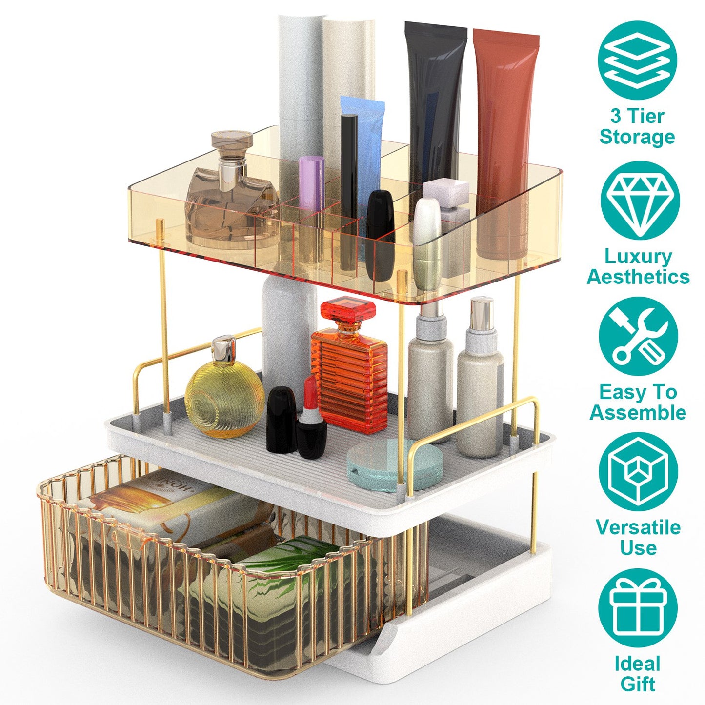 3 Tier Makeup Organizer for Vanity Large Capacity Skincare Shelf Bathroom Countertop Organizer with Drawer for Lipsticks Lotion Toner Perfumer Masks