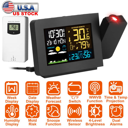 Atomic Projection Alarm Clock Radio Control Clock with WWVB Function Weather Station Dual AlarmsÊSnooze Outdoor Wireless Temperature Humidity Sensor