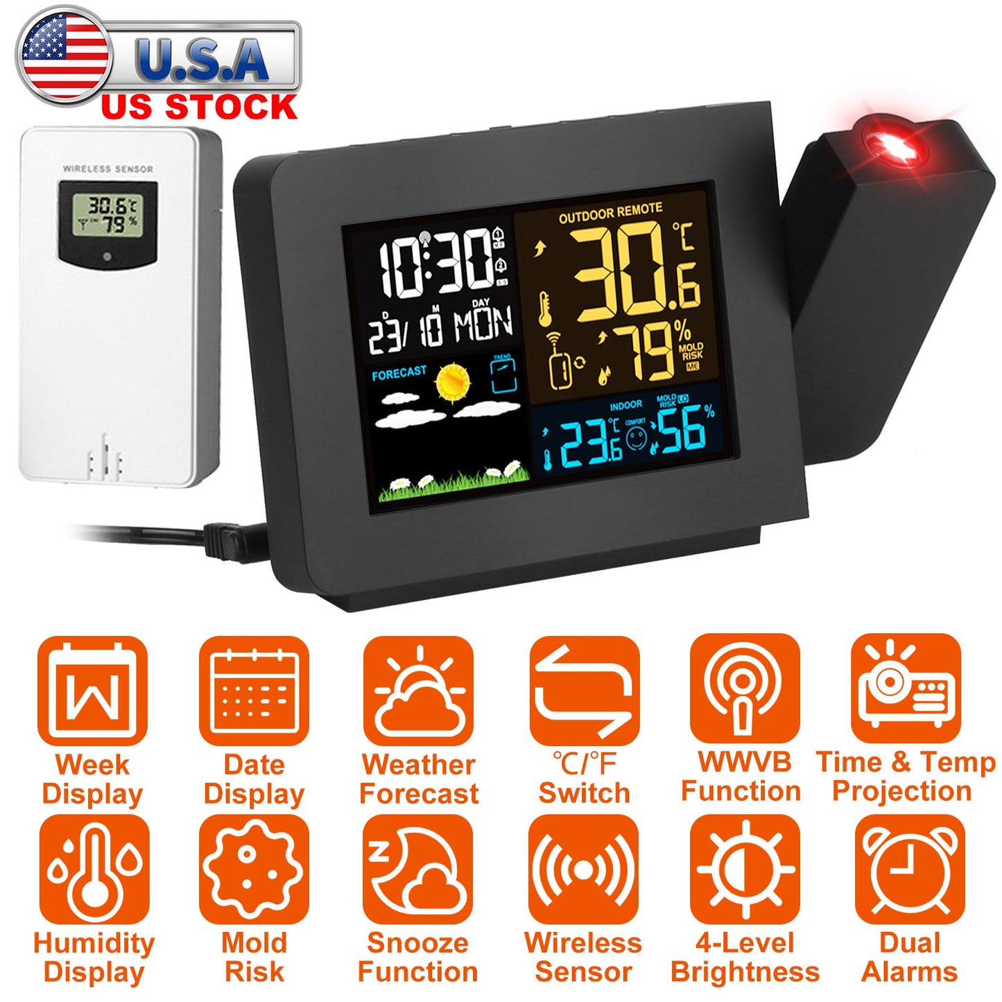 Atomic Projection Alarm Clock Radio Control Clock with WWVB Function Weather Station Dual AlarmsÊSnooze Outdoor Wireless Temperature Humidity Sensor