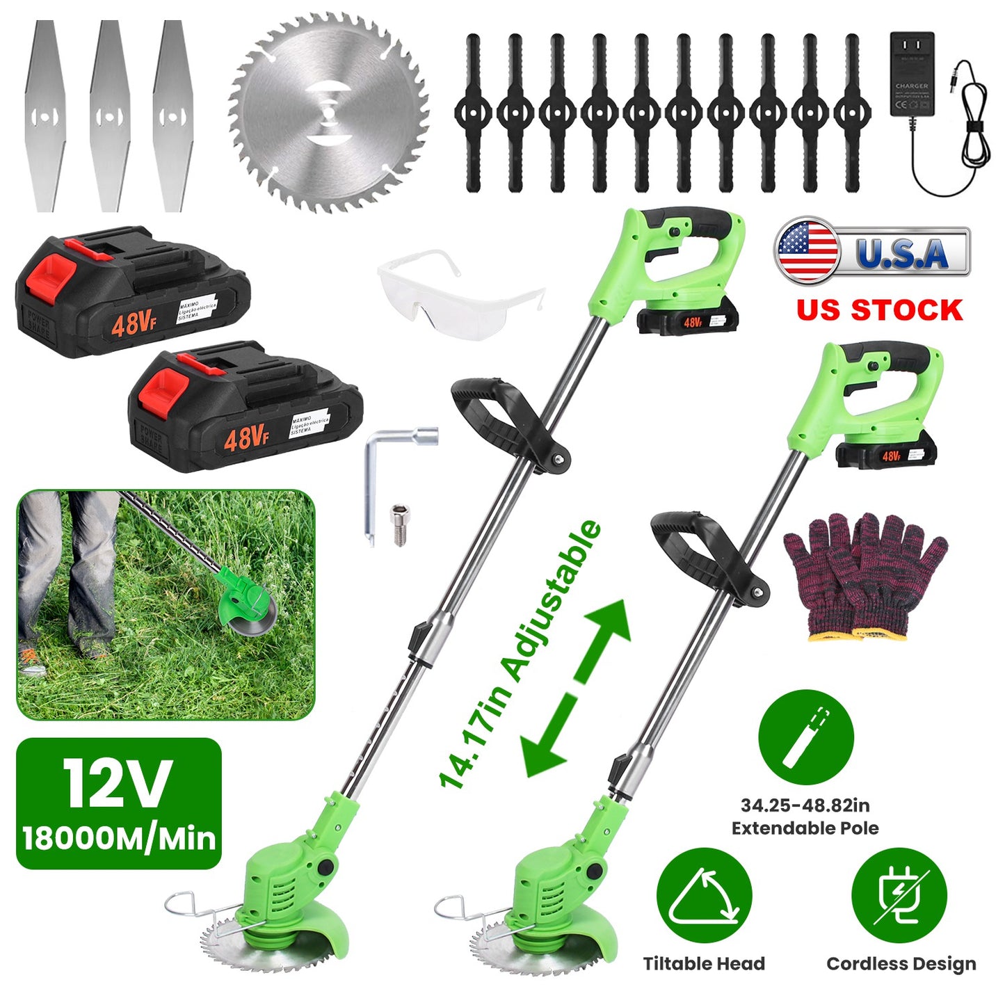 24V 300W Cordless Grass Trimmer Rechargeable Lawn Mower 18000M/Min Weed Cutter with Saw Blade 2 Stainless Steel Blades 10 Plastic Blades 2 Rechargeabl