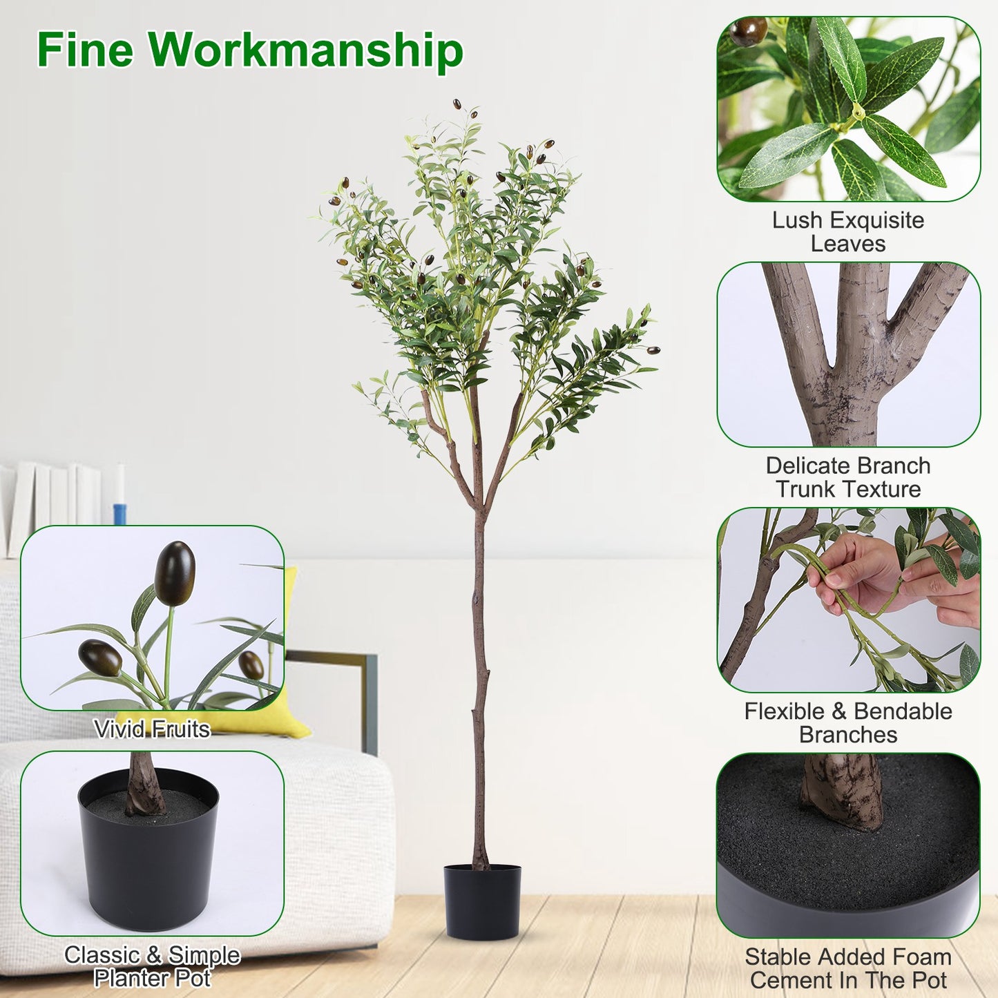 5.9FT Artificial Olive Tree Tall Fake Olive Plant Faux Potted Olive Tree with Lush Olive Branches and FruitsÊwith Black Planter Pot for Modern Home Of