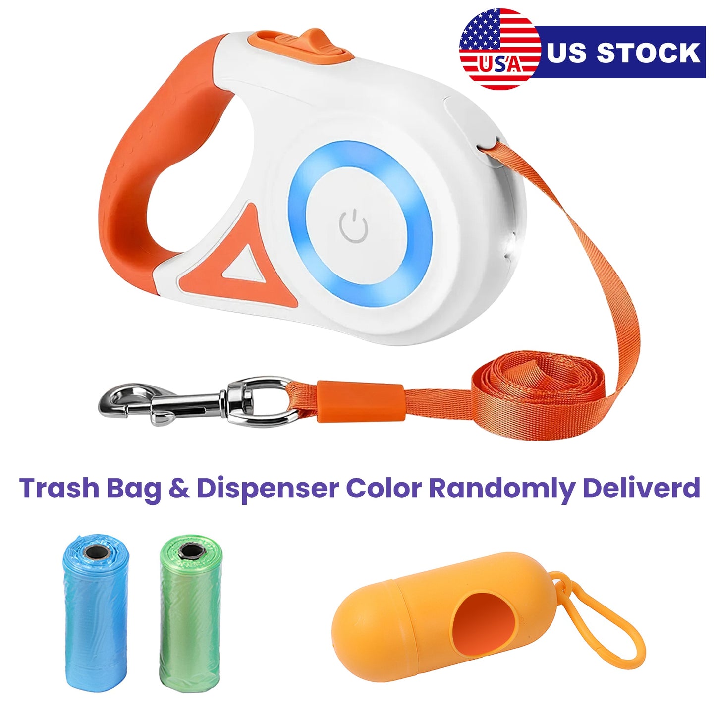 16FT Retractable Dog Leash Extendable Pet Leash Dog Walking Leash with Flashlight RGB Light 2 Rolls of Waste Bags Dispenser Fit for 66-110lbs