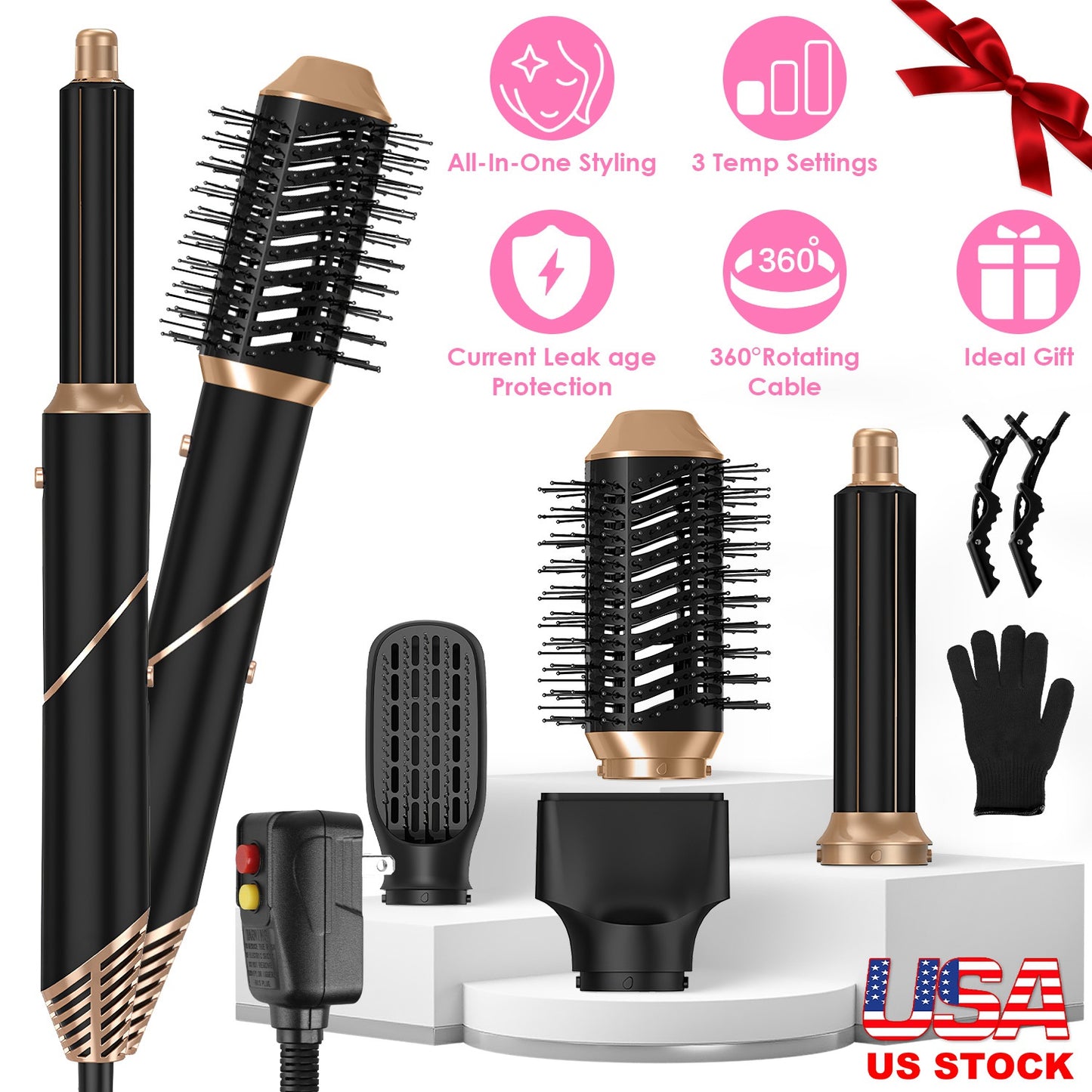 5 In 1 Hot Air Styler Straightener Curler Dryer Automatic Wrap Styler Hair Dryer Brush Set with 3 Temp Settings ALCI Plug Glove Cable Tie 2 Alligator