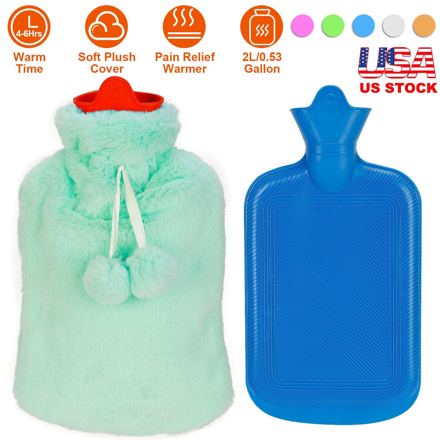 2L Hot Water Bottle w/ Plush Cover Classic Natural Rubber Hot Water Bag Feet WarmerÊFor Pain Relief Hot Compress Heat Therapy Warm Neck Shoulders
