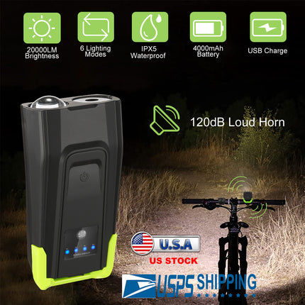 20000LM Bike Front Lights Set Bicycle Headlights w/120dB Loud Horn IPX5 Water-Resistant 4000mAh USB Rechargeable for Night Riding
