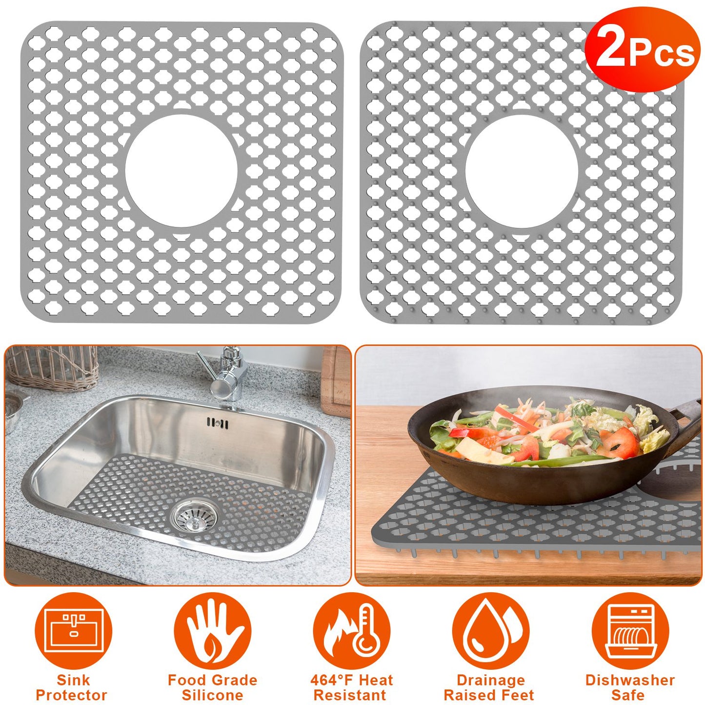 2Pcs Silicone Grid Sink Mat with Central Drain Hole 11.61x13.58Inch Non-Slip Kitchen Stainless Steel Sink Protector Dishwasher Safe