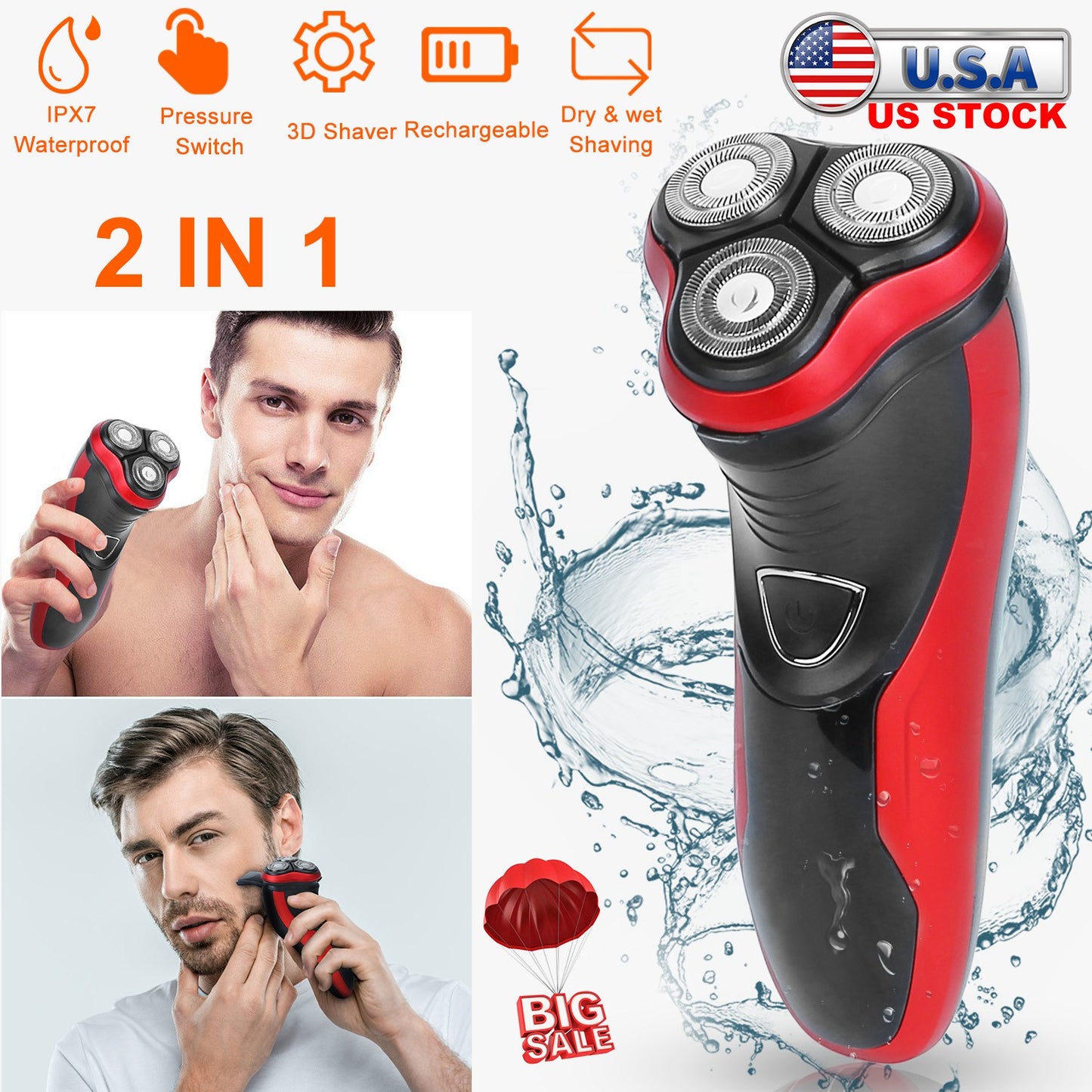 Electric Shaver Razor for Men IPX7 Waterproof Beard Trimmer 3D Rechargeable Painless Rotary Shaver with Pop up Trimmer 2 in 1 Electric Shaver