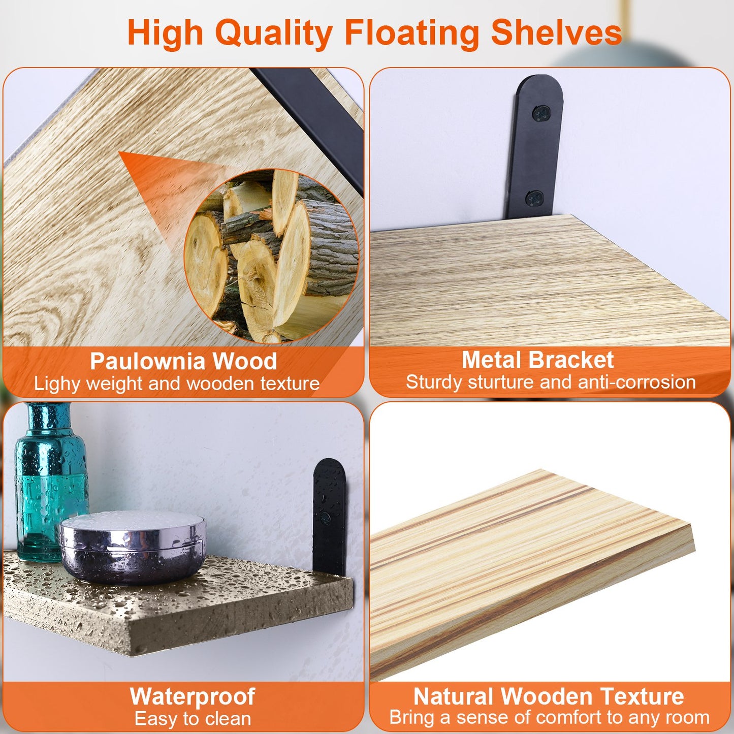 6 Sets Floating Shelves 15.74x5.74Inch Wall Mounted Shelves Wood Storage Shelves Metal Bracket Hanging Display Shelf Wall Organizer for Living Room Ba