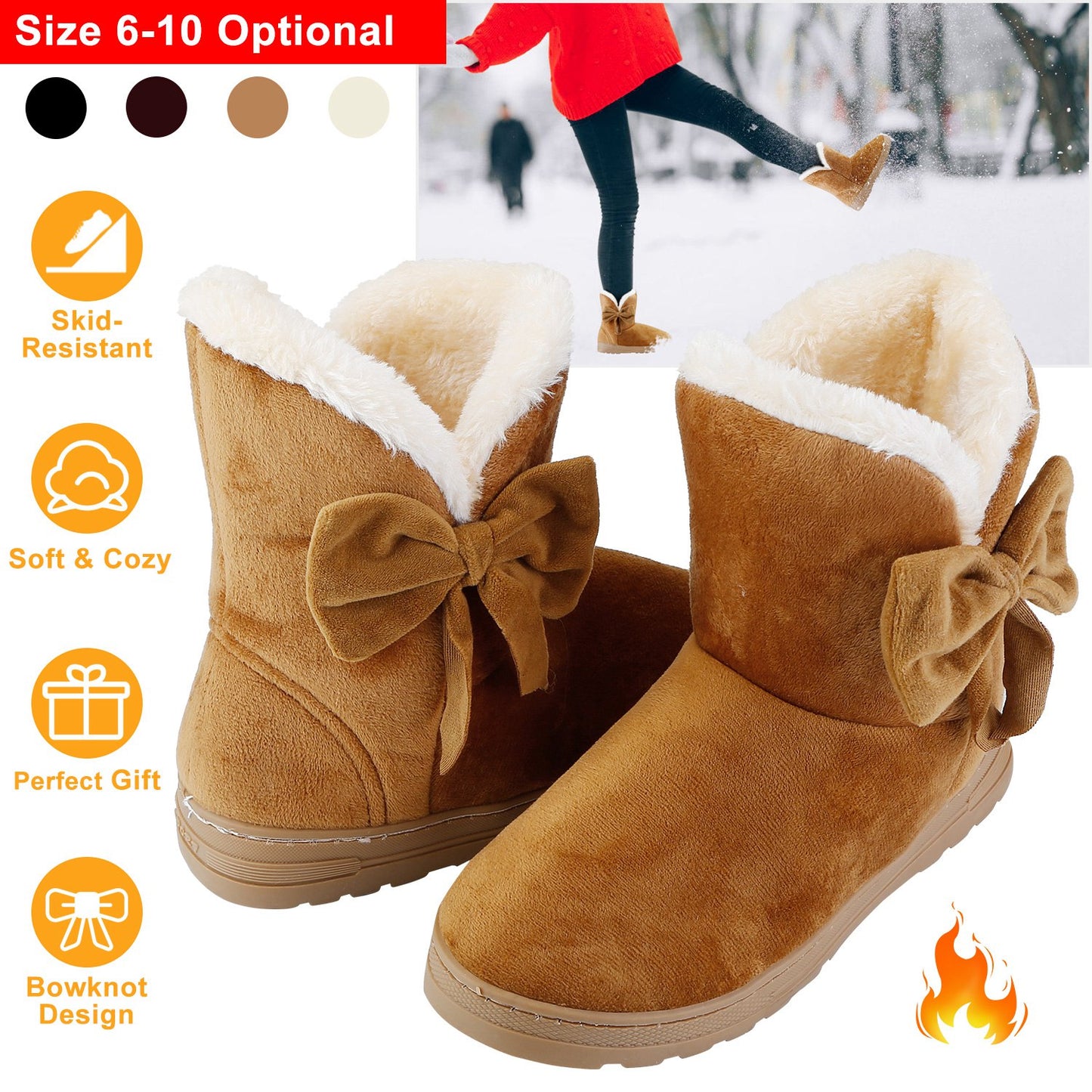 Women Ladies Snow Boots Super Soft Fabric Mid-Calf Winter Shoes Thickened Plush Warm Lining Shoes w/ Anti-slip Rubber Base Bowknot
