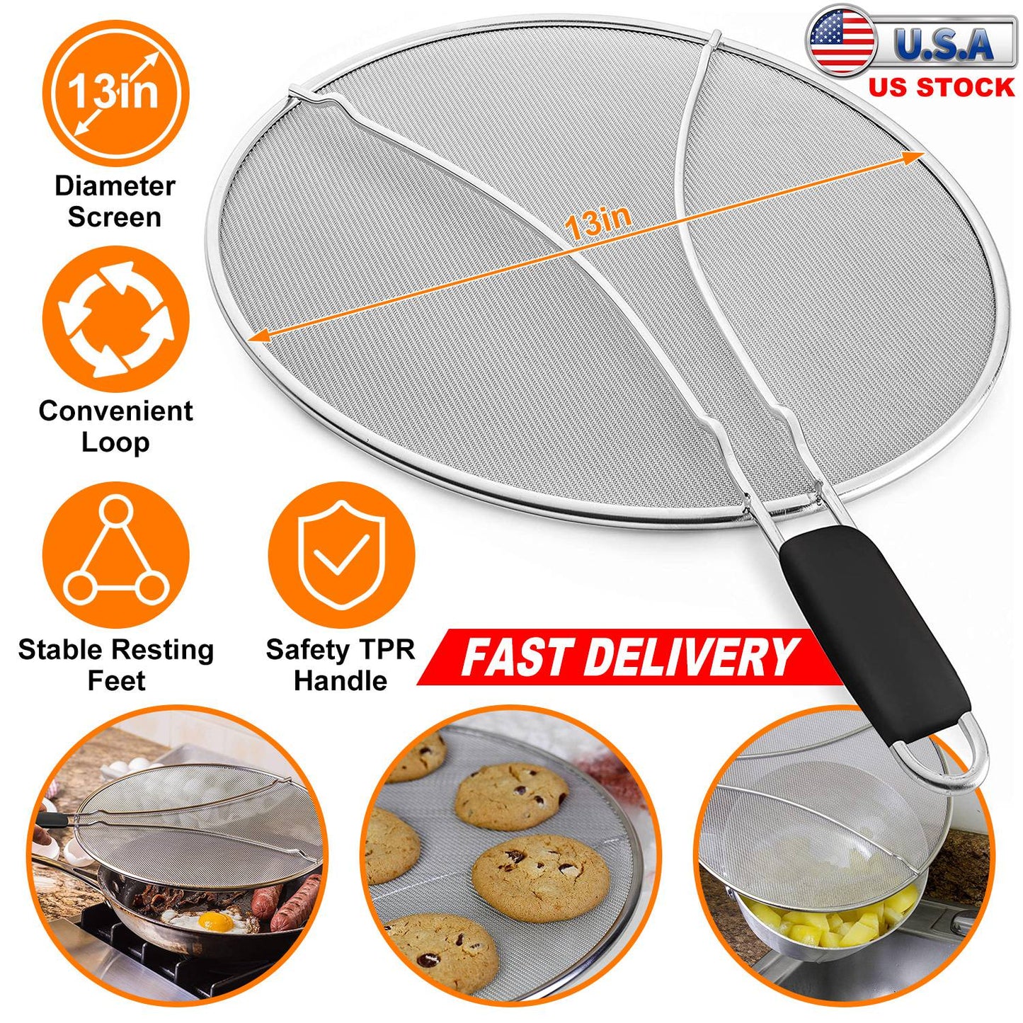 Grease Splatter ScreenÊ13in Stainless Steel Fine Mesh Splash Mesh Shield Hot Oil Stopper w/ Resting Feet For Frying Pan Cooking Woks Skillets Pots Pan